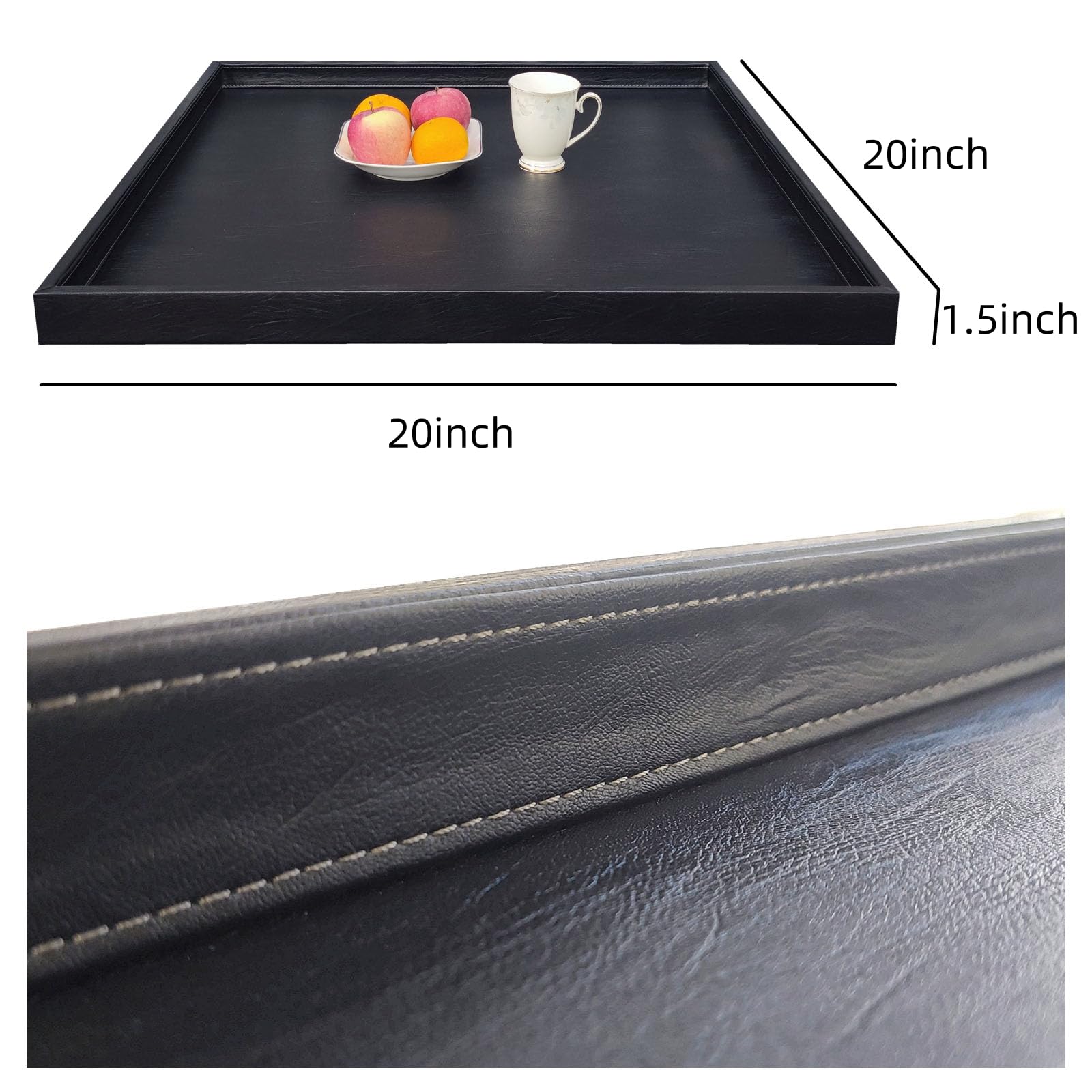 20x20 Inch Square Ottoman Tray - Faux Leather Large Serving Tray for Couch/Coffee Table, Family Dinner, Picnic, Party Decor (Beige)