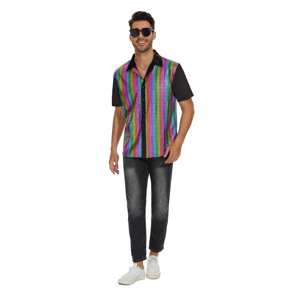 Zando Men's Sequin 70s 80s Disco Shirt - Retro Short Sleeve Button Up Costume Halloween New Year Party Outfit Top & Clubwear