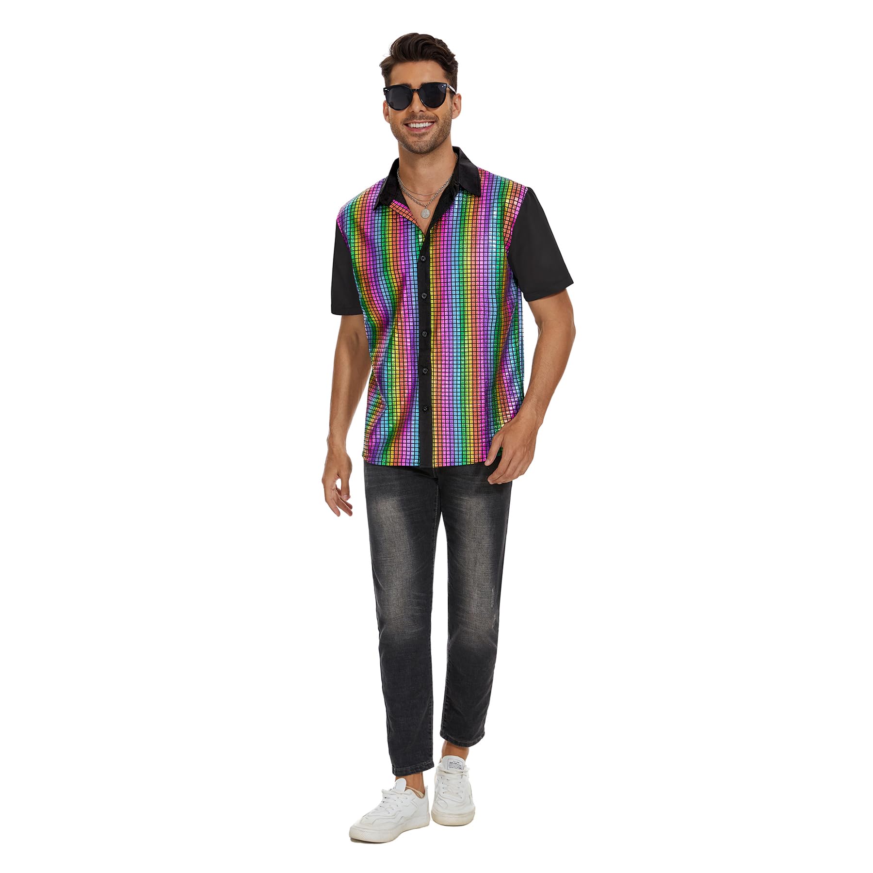 Zando Men's Sequin 70s 80s Disco Shirt - Retro Short Sleeve Button Up Costume Halloween New Year Party Outfit Top & Clubwear