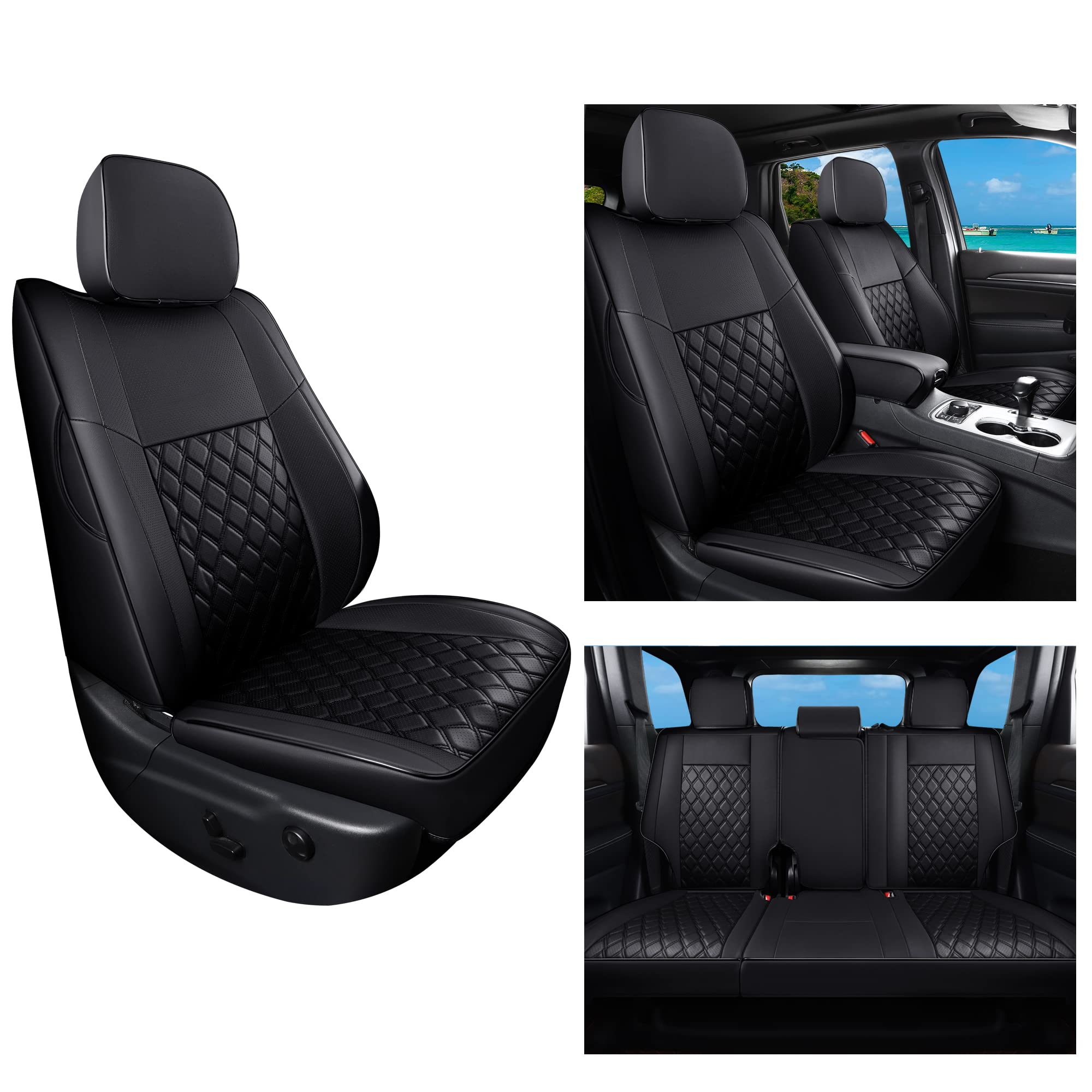 Huidasource Grand Cherokee Seat Covers, 2 Pieces Waterproof Leather Customized Car Seat Cushion Covers Protectors Compatible with Jeep Grand Cherokee 2011-2022 (2Pcs Front/Black)