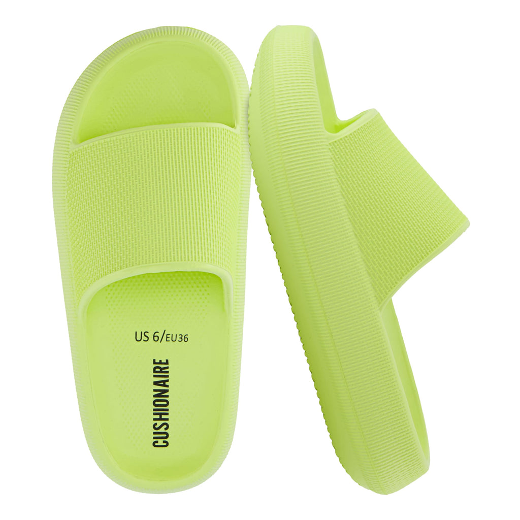 CUSHIONAIRE Feather EVA Slides for Women – Comfortable Slip On Womens Slippers, Indoor Outdoor Shower Shoes, Beach Essential Cloud Slides