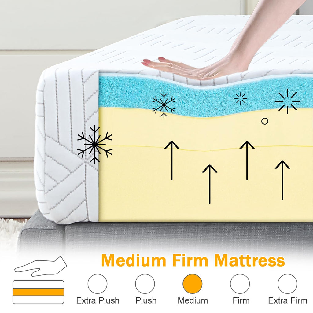 Twin Size Mattress Gel Memory Foam Bed Mattress in a Box Medium Firm and Good Support Removable and Washable Design Breathable Fabric Small Compression Packaging for Kids and Adults