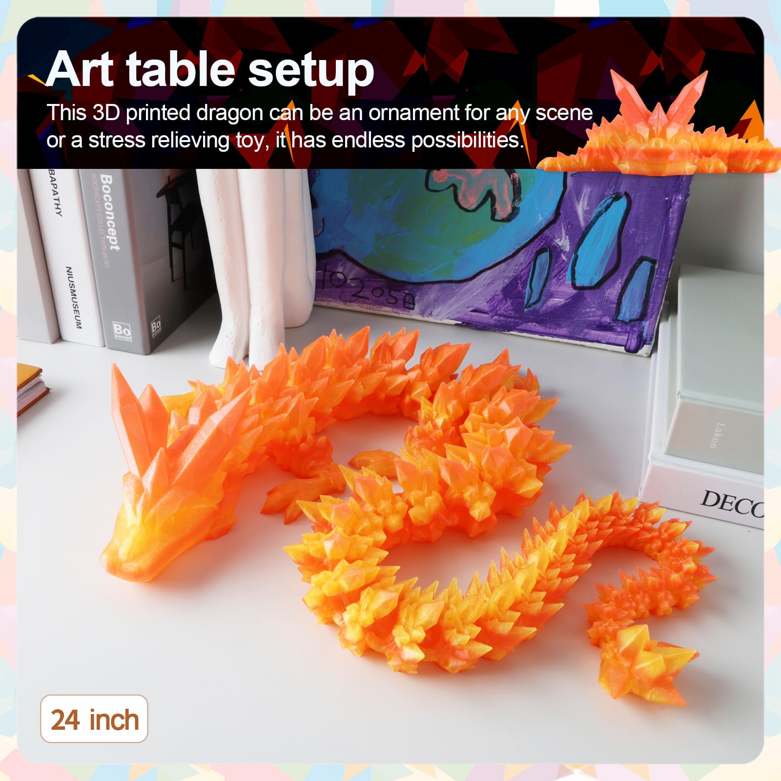 24" Large 3D Printed Dragon - Huge Articulated Crystal Dragon Fidget Toy, Giant Flexible 3D Dragon Figure, Birthday Gift for Boys Girls Kids & Collectors, Home Office Executive Desk Decor