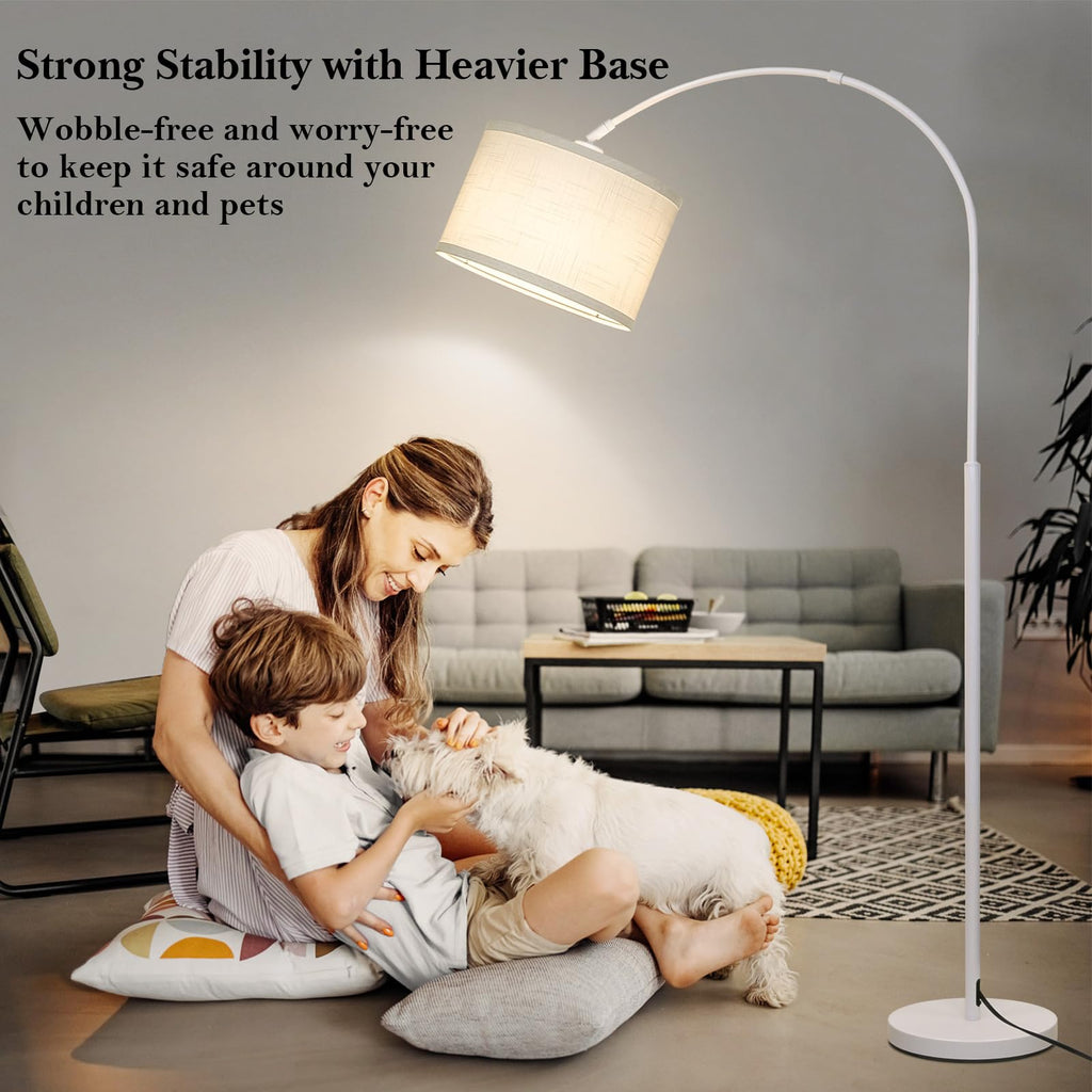 Rattan Floor Lamp, Arc Floor Lamps for Living Room, Farmhouse Standing Lamp with Adjustable Hanging Fabric Shade, Tall Pole Lamp with Foot Switch, Over Couch Arched Reading Light for Bedroom, Office