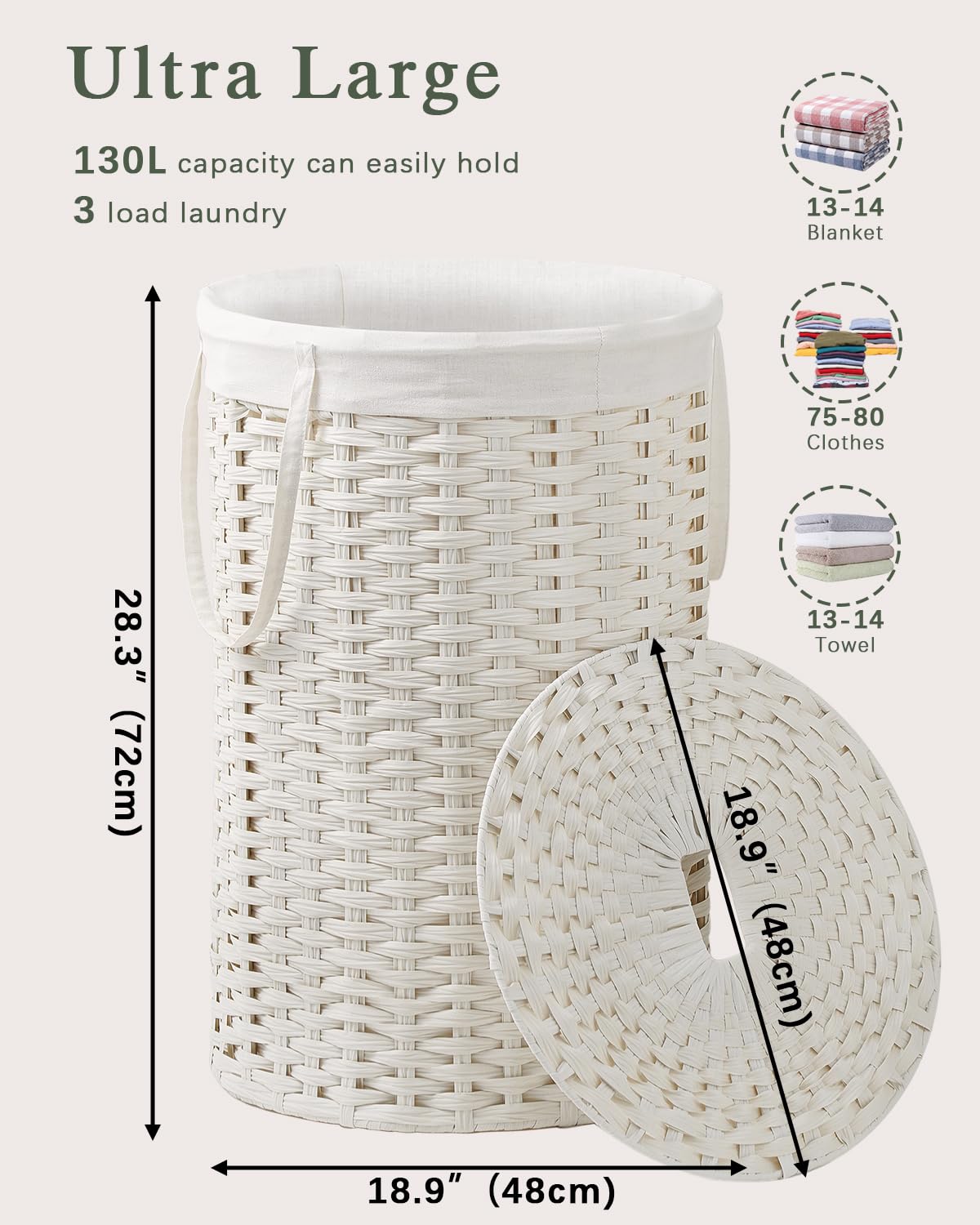SETVSON Laundry Hamper with Lid Laundry Basket with Lid 19.0 Gal (72 L) Round Wicker Laundry Basket Handwoven Rattan Basket with Lid Removable Bag 2 Mesh Bags Handles for Living Room Bathroom Black