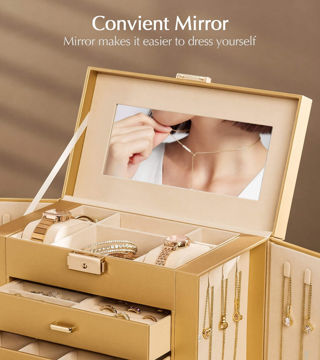 Homde Mothers Day Gifts Synthetic Leather Huge Jewelry Box Mirrored Watch Organizer Necklace Ring Earring Storage Lockable Gift Case (Black + Gold)