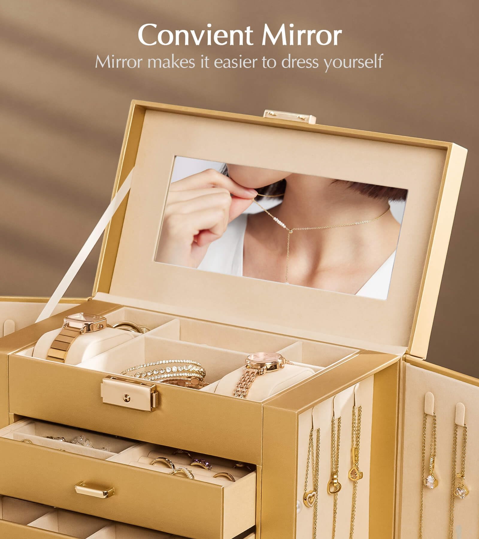 Homde Mothers Day Gifts Synthetic Leather Huge Jewelry Box Mirrored Watch Organizer Necklace Ring Earring Storage Lockable Gift Case (Black + Gold)