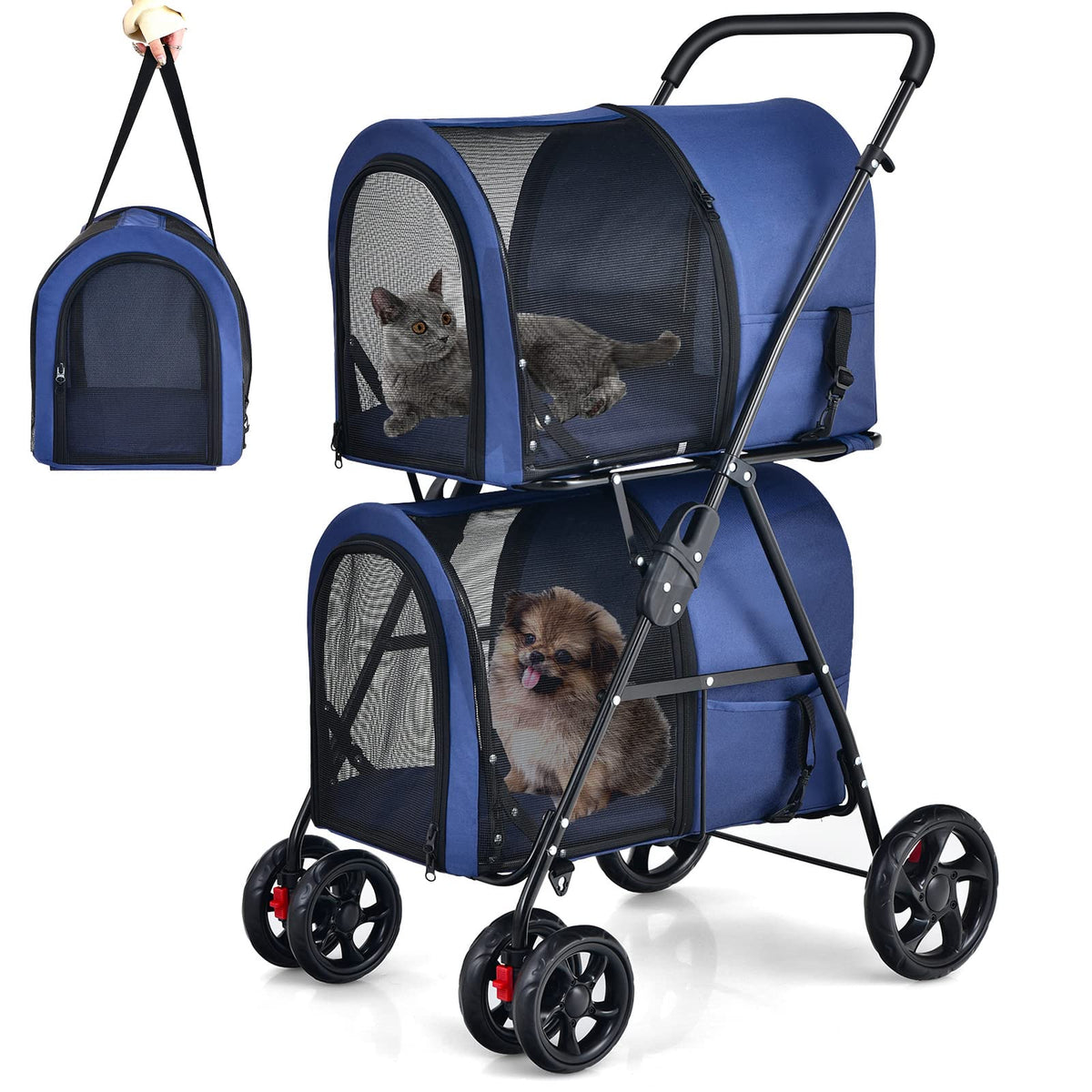Giantex Double Pet Stroller with 2 Detachable Carrier Bags, Safety Belt, 4 Lockable Wheels, Folding Cat & Dog Stroller for Small Medium Pets, Cats Dogs Puppy Travel Strolling Cart (Beige)