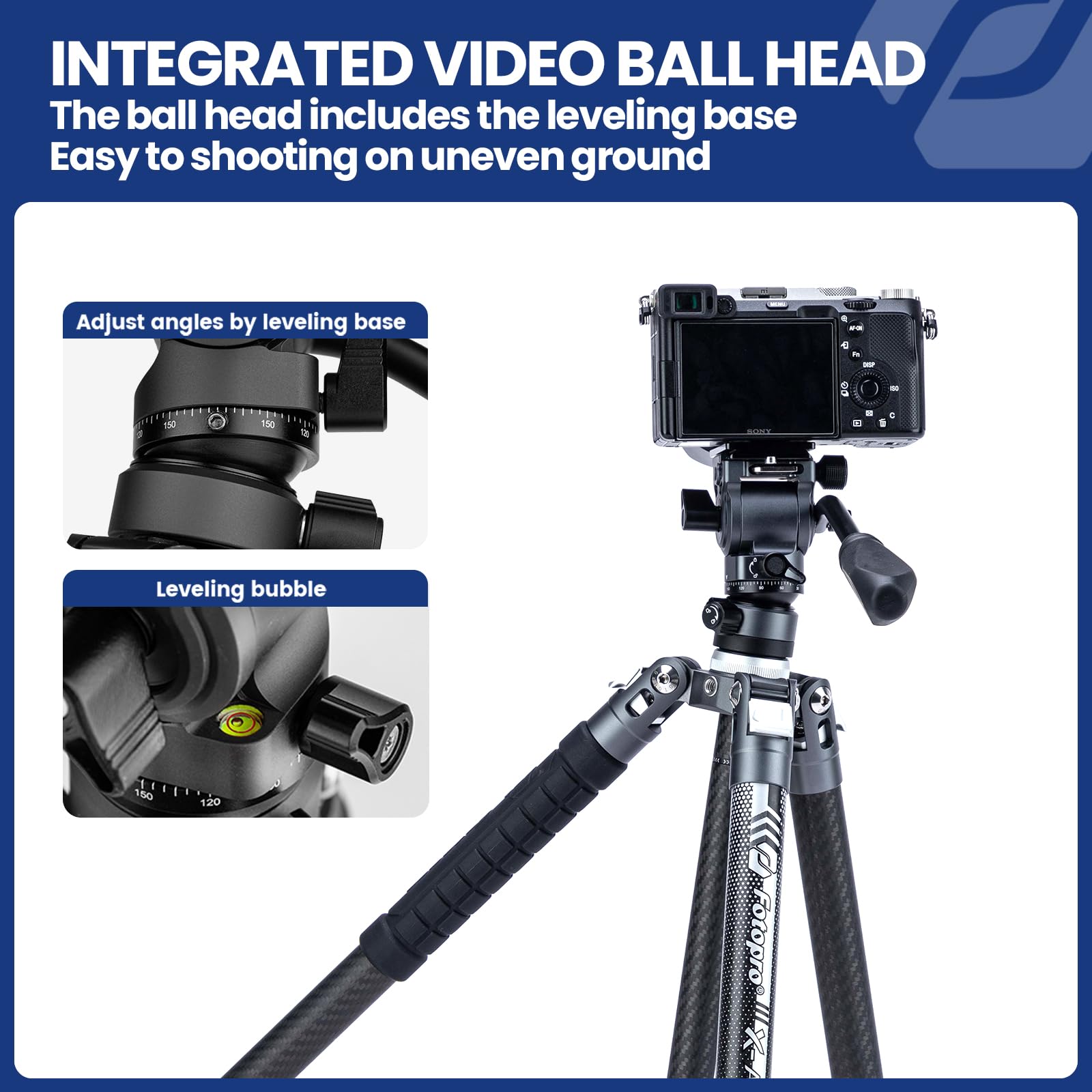 Fotopro 60" Camera Tripod, Carbon Fiber Travel Tripod with 360° Ball Head, Ultralight 2.1lbs, 22lbs Load, Quick Lock, Folds to 14.3" Carry-On, for DSLR Mirrorless Cameras, X-Aircross 3 Blue