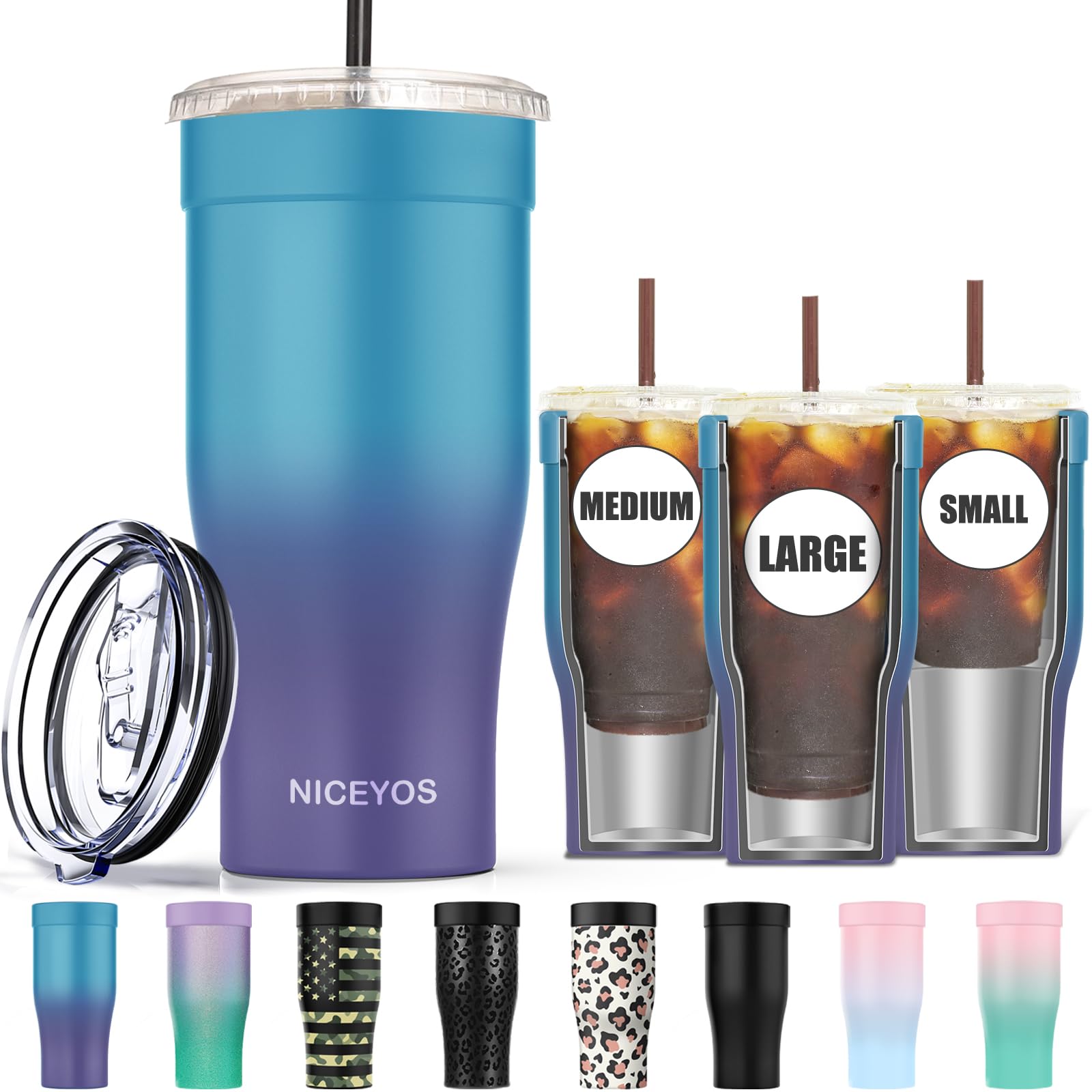 Universal Iced Coffee Sleeve - Upgraded Double Wall Reusable Stainless Steel Holder Sleeves Insulator for Cold Drinks Fits Starbucks Dunkin Donuts McDonalds Small Medium Large Cup (Aurora)