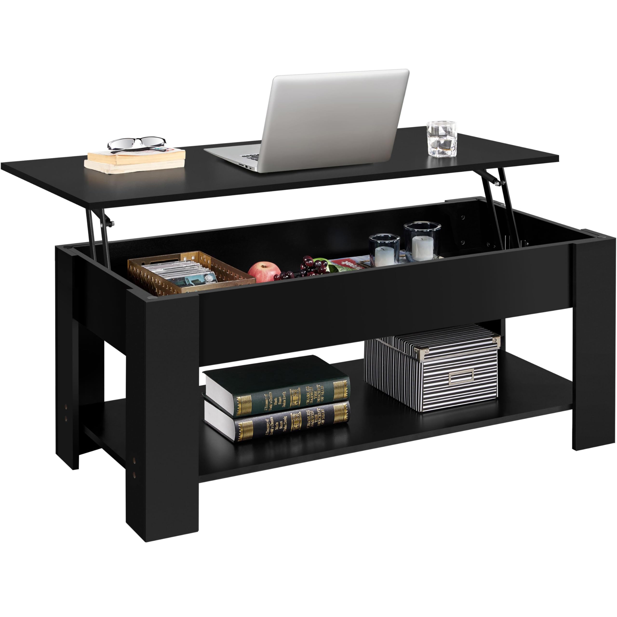 Yaheetech Wooden Coffee Table, Lift Top Coffee Table with Large Hidden Storage Shelf, Lift Tabletop Dining Tables for Living Room, Home Small Space, 38.6in, Black