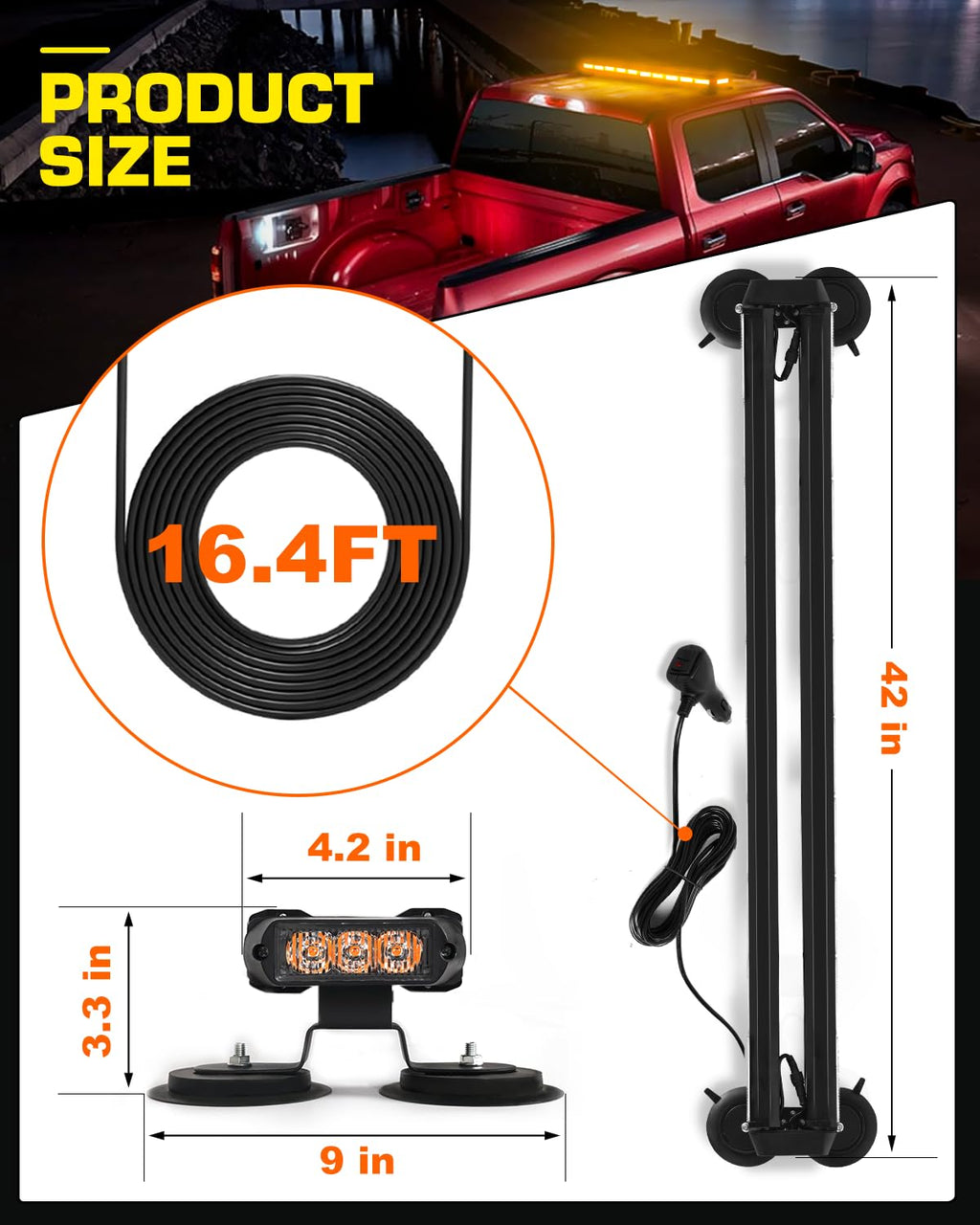 42" Roof Top Strobe Light Bar Amber White Emergency Traffic Advisor Lights, Double Side Warning Safety Flashing w/Magnetic Mount for Construction Vehicles Plow Trucks Pickup, Amber/White