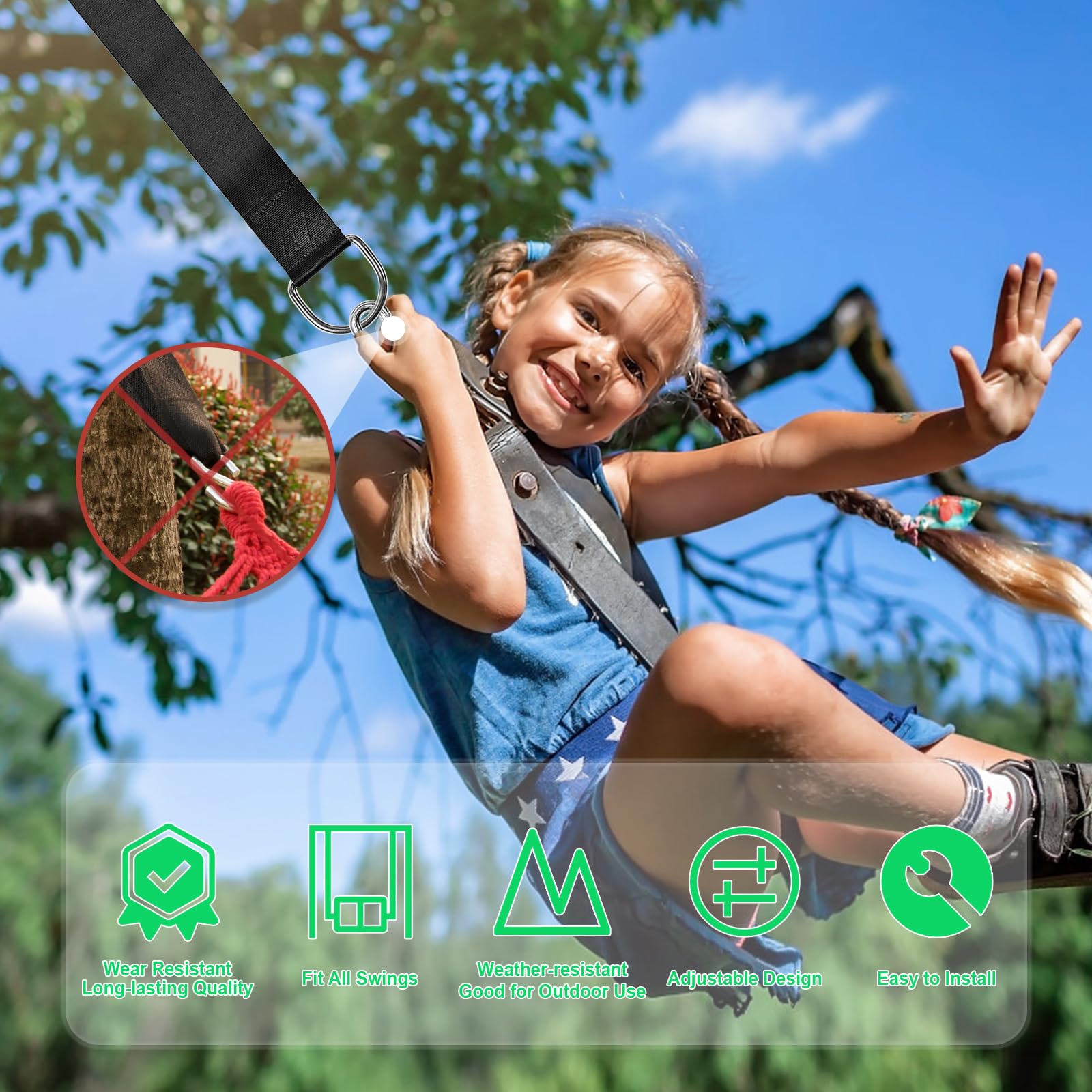 Tree Swing Hanging Straps Kit Holds 2200 lbs,5ft Extra Long Straps Strap with Safer Lock Snap Carabiner Hooks Perfect for Tree Swing & Hammocks, Carry Pouch Easy Fast Installation (5 ft)