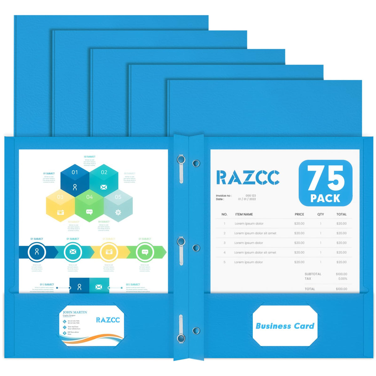 Two Pocket Folders, RAZCC 75 Pack Two Pocket Folders with Prongs, 3 Prong Pocket Folders Letter Size, Paper Folders with Prongs for School Office Home Business, Assorted 5 Colors