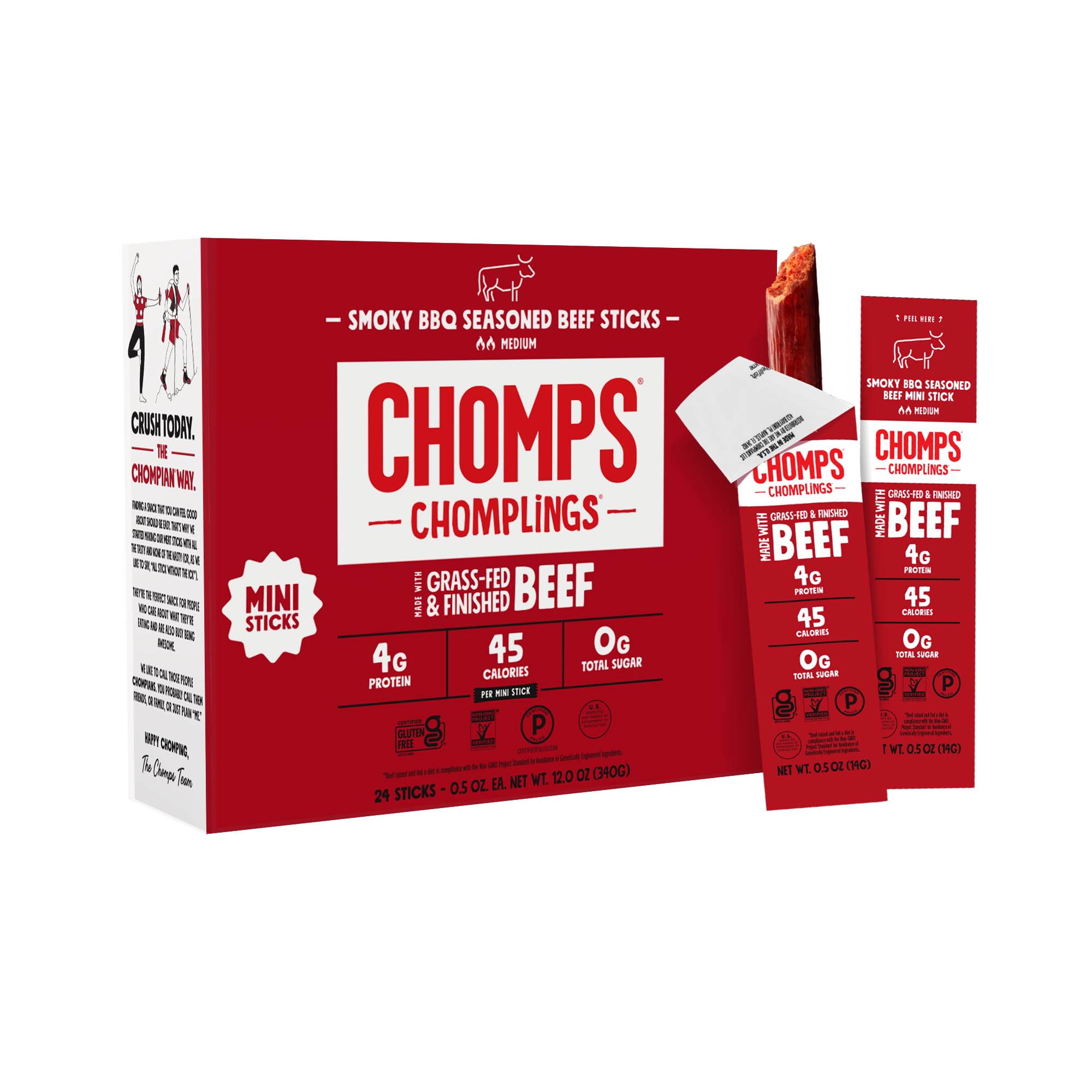 Chomps Snack Size Grass-Fed and Finished Jalapeño Beef Jerky Snack Sticks 0.5oz 24-Pack - Keto, Paleo, Whole30, 4g Lean Meat Protein, Gluten-Free, Zero Sugar Food, Non-GMO Chomplings