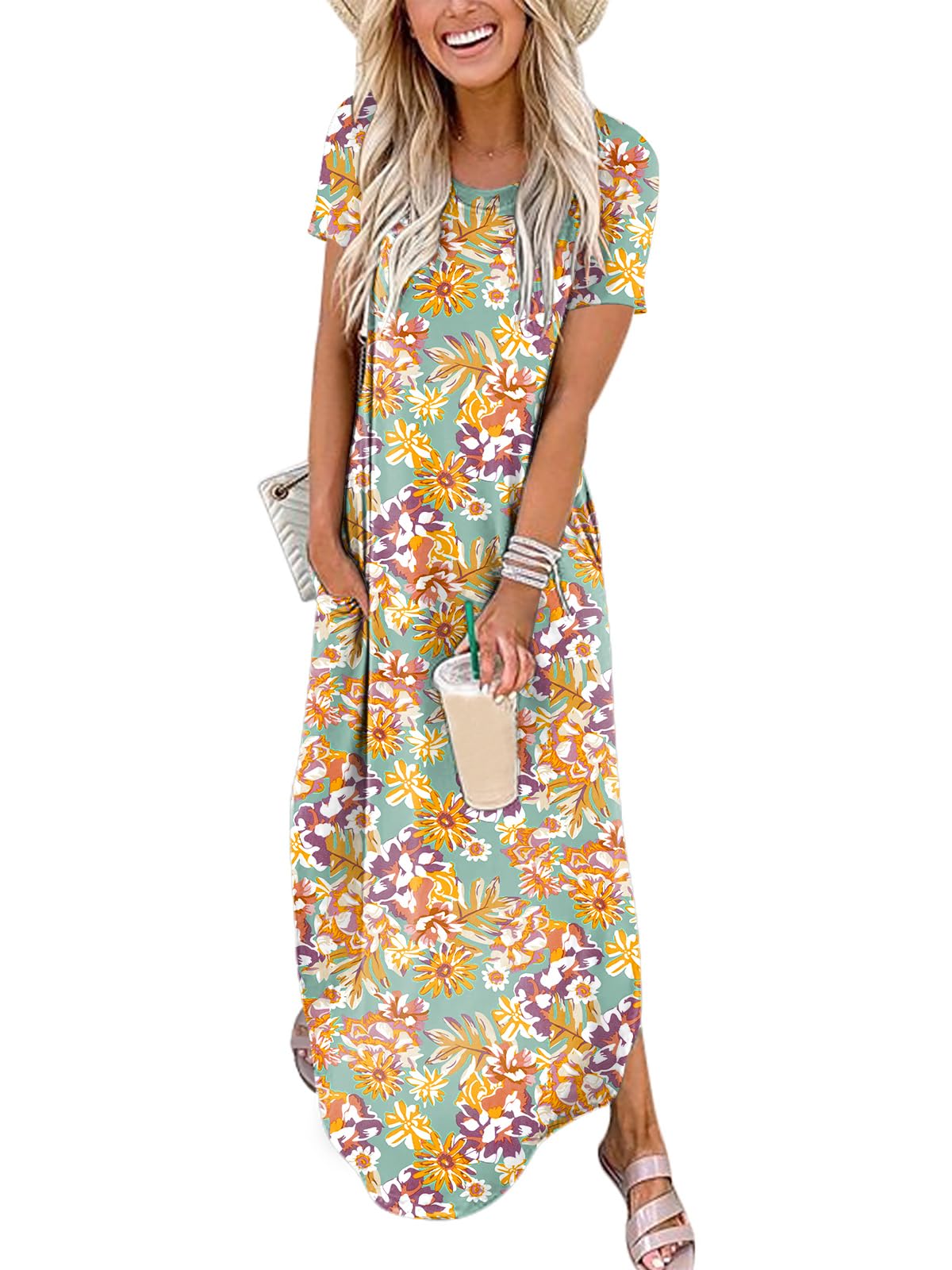 ANRABESS Womens Summer Maxi Dress Short Sleeve Casual Loose Long T Shirt Dresses Split Vacation Beach Sundress Travel Outfits