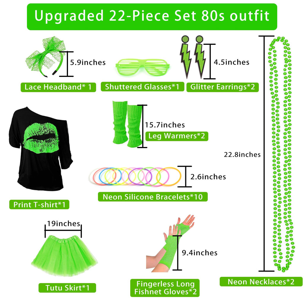 Upgraded 80s Outfit Costume for Women,80s Party Costume Accessory Sets with T-Shirt Tutu Skirt Waist Pack etc