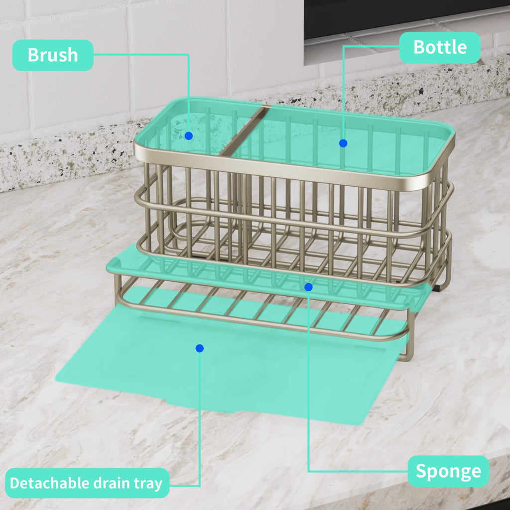 HapiRm Kitchen Sink Organizer, SUS304 Stainless Steel Rustproof Multifunctional Large Sink Caddy with Sponge Holder and Drain Tray for Kitchen Countertop (Silver)