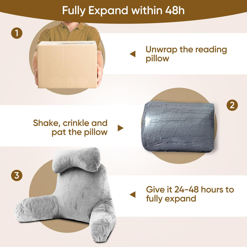 OAISZ Reading Pillow for Sitting in Bed Adult, Reading Pillow with Shredded Memory Foam, Bed Pillow with Washable Cover, Back Pillow Sitting Up with Extend Arms, Beige, X-Large