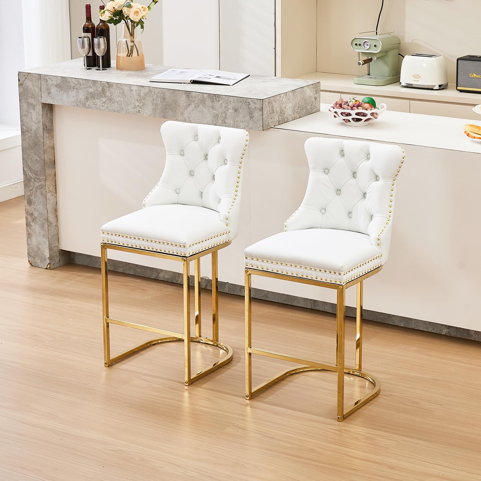 UVV Counter Height Bar Stools Set of 1, 26" Modern Barstools with Back, Velvet Upholstery Counter Chairs with Metal Legs for Kitchen Island, Bar, Counter, Beige