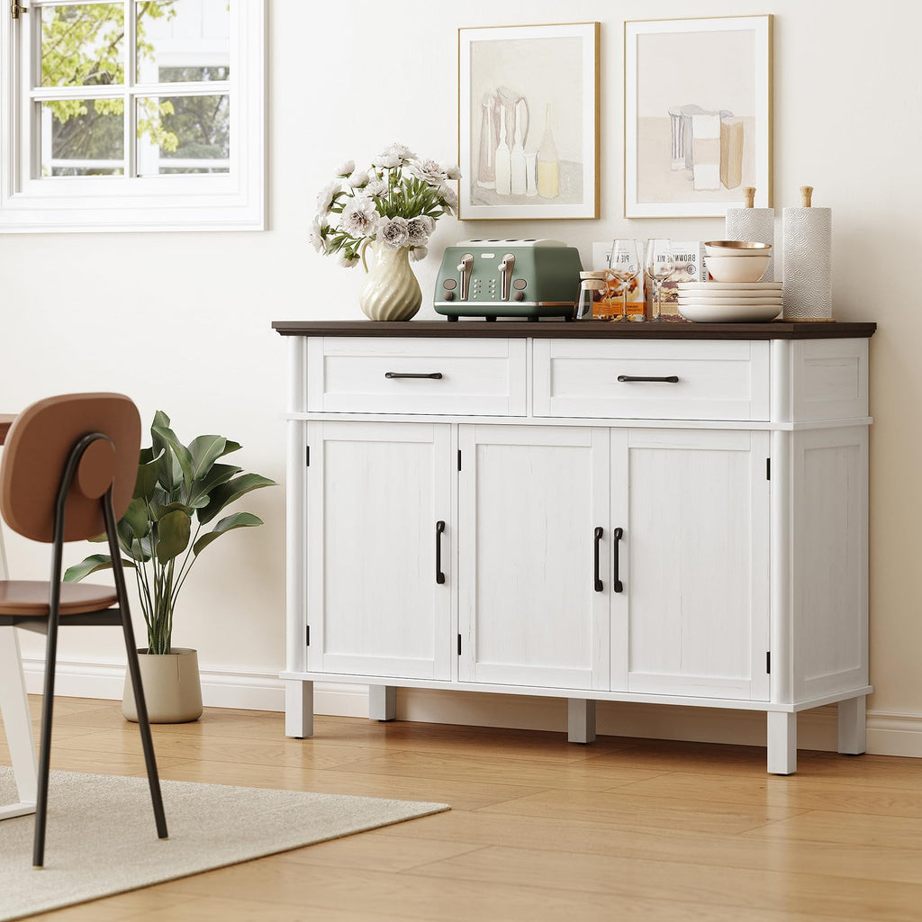 ONBRILL 48 Inches Buffet Cabinet with Storage, Farmhouse Sideboard Buffet w/2 Drawers and 3 Doors, Wood Coffee Bar Cabinet with Adjustable Shelves, Sideboard Storage for Kitchen, Living Room, Black