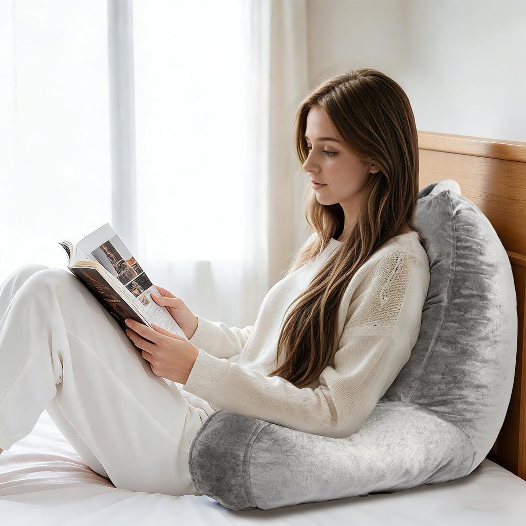 OAISZ Reading Pillow for Sitting in Bed Adult, Reading Pillow with Shredded Memory Foam, Bed Pillow with Washable Cover, Back Pillow Sitting Up with Extend Arms, Beige, X-Large