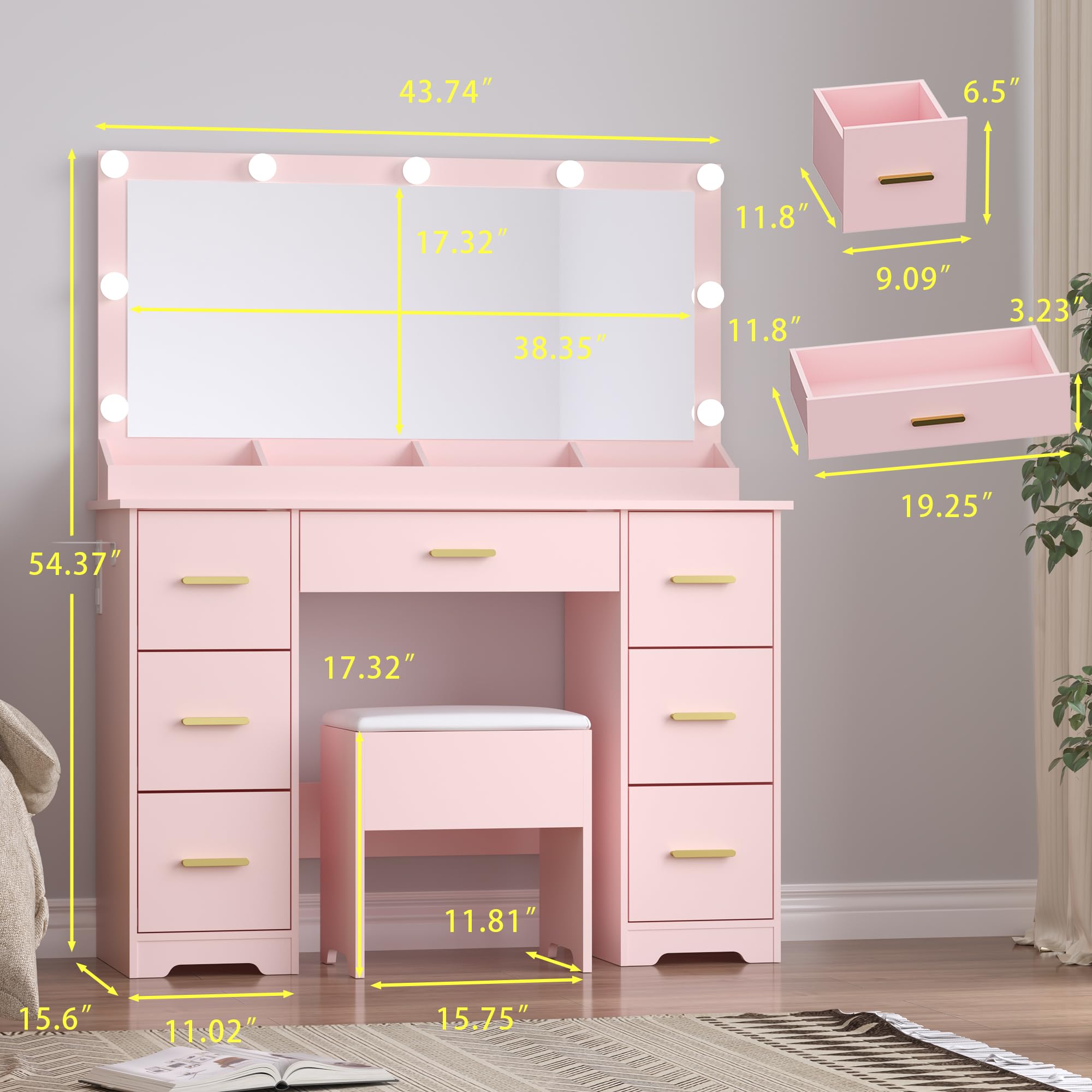 BORNOON 45” Fluted Makeup Vanity Desk with Mirror and Lights, Glass Top Dressing Table with 5 Drawers, LED Lighted Adjustable Cabinet, Trays & Charging Station for Bedroom Dressing Room