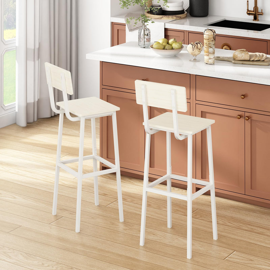 GILLAS Set of 2 Bar Stools, Tall Bar Stool with Backrest and Footrest, Tall Bar Chairs, Industrial Style Counter Height Bar Stool for Dining Room, Kitchen, White