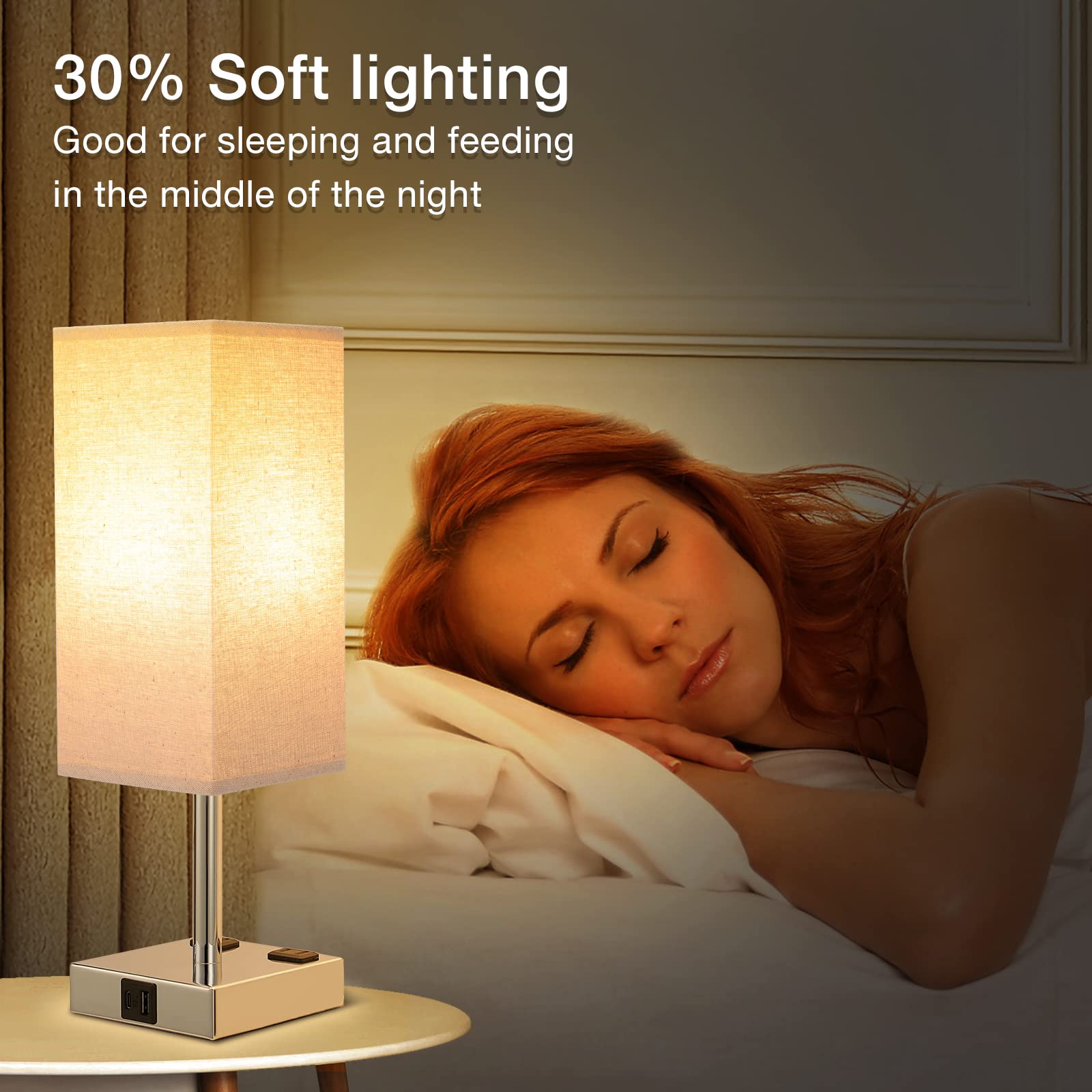 aooshine Set of 2 Touch Nightstand Lamp with USB-C+A Charge Ports& AC Outlets, 3-Way Dimmable Bedside Lamp with White Fabric Shade,Small Table Lamp for Bedroom Guest Room(Bulb Included)