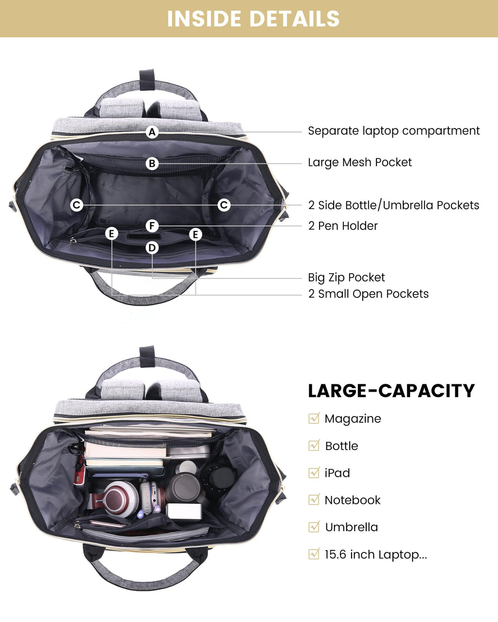 LOVEVOOK Laptop Backpack for Women with Giant Tumbler Holder Pocket, 15.6 Inch Work Daypack for Teacher Nurse, Computer College Bookbag Purse, Waterproof Travel Back Pack with USB Charging Port