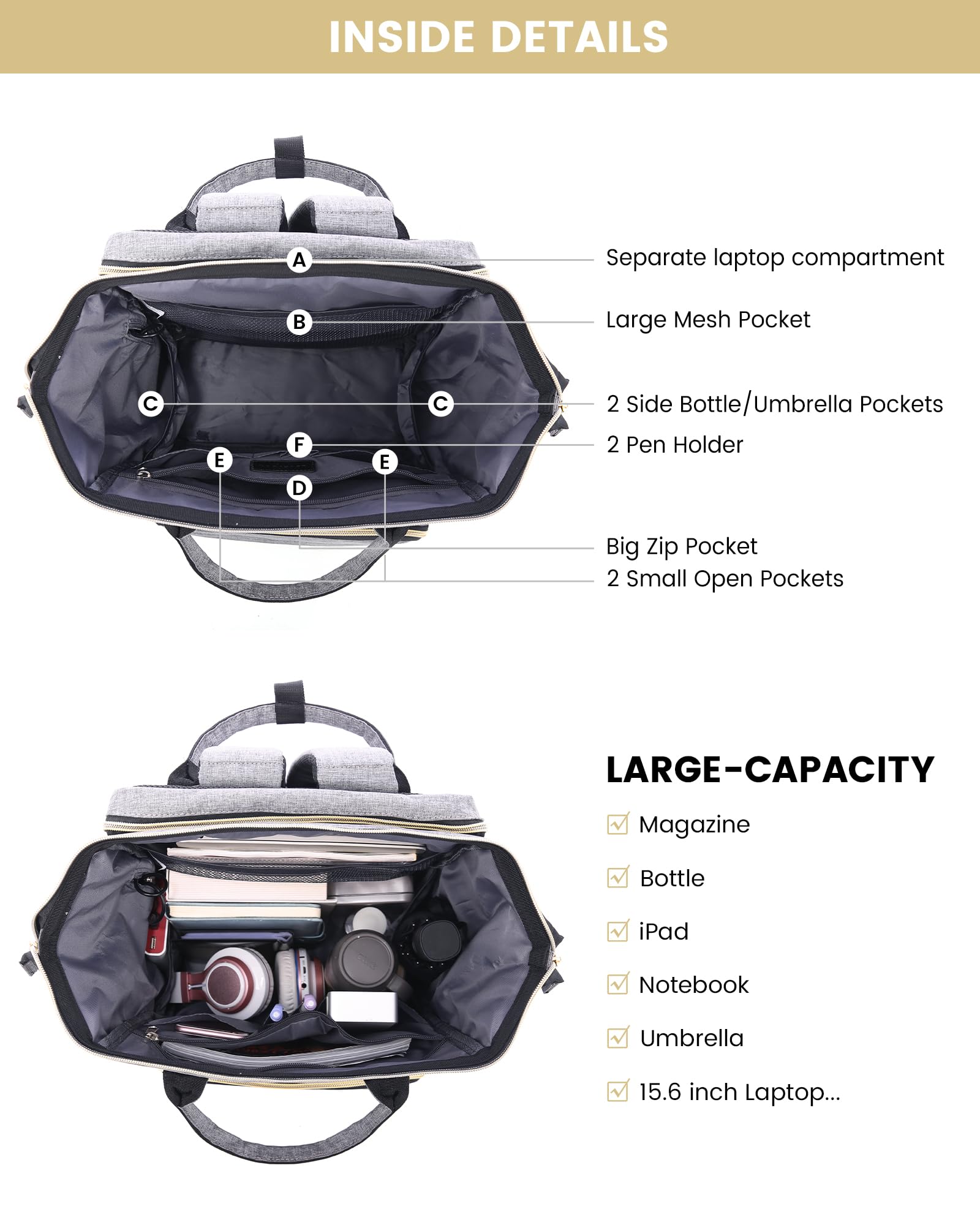 LOVEVOOK Laptop Backpack for Women with Giant Tumbler Holder Pocket, 15.6 Inch Work Daypack for Teacher Nurse, Computer College Bookbag Purse, Waterproof Travel Back Pack with USB Charging Port