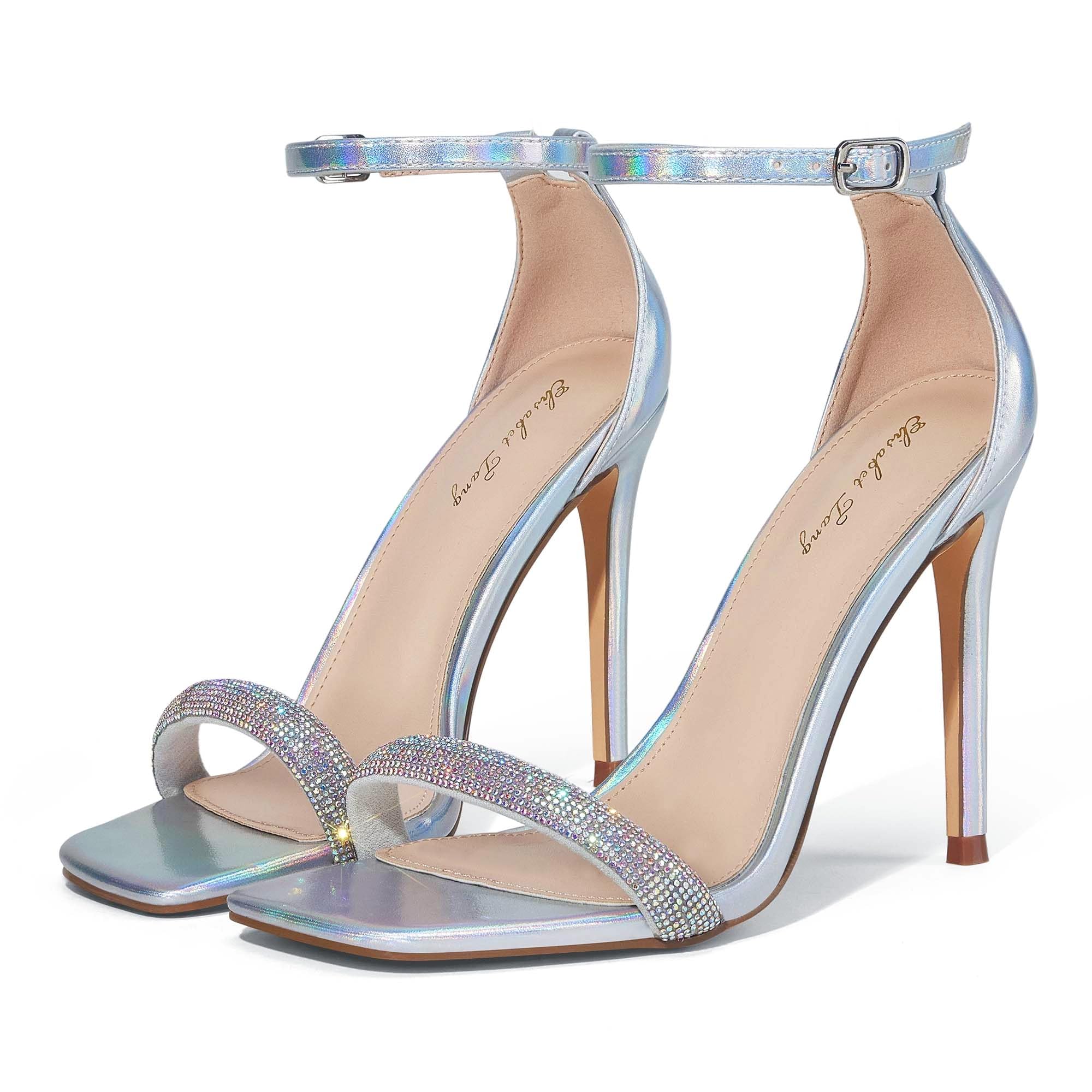 Elisabet Tang Women's Stiletto Heels Square Open Toe Ankle Strap High Heeled Sandals 4 Inch Comfort Sexy Dressy Shoes