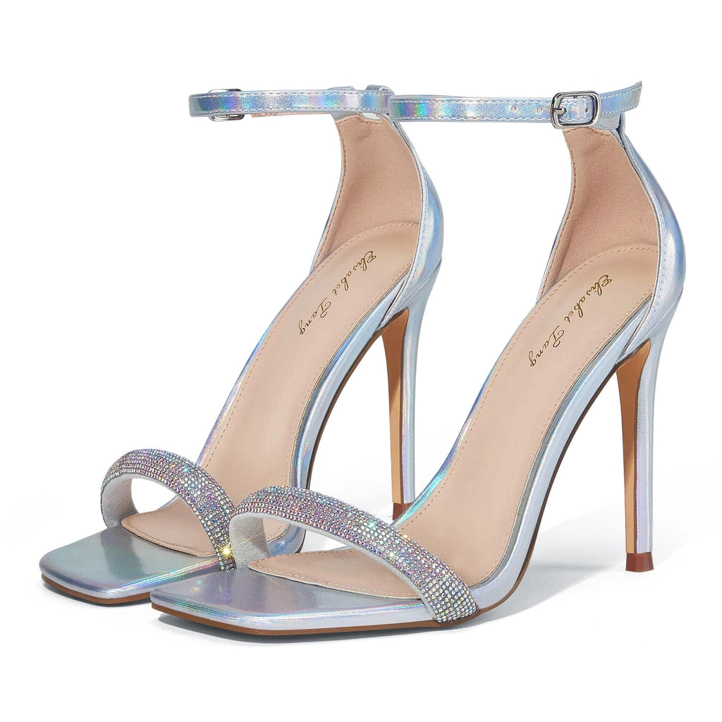 Elisabet Tang Women's Stiletto Heels Square Open Toe Ankle Strap High Heeled Sandals 4 Inch Comfort Sexy Dressy Shoes