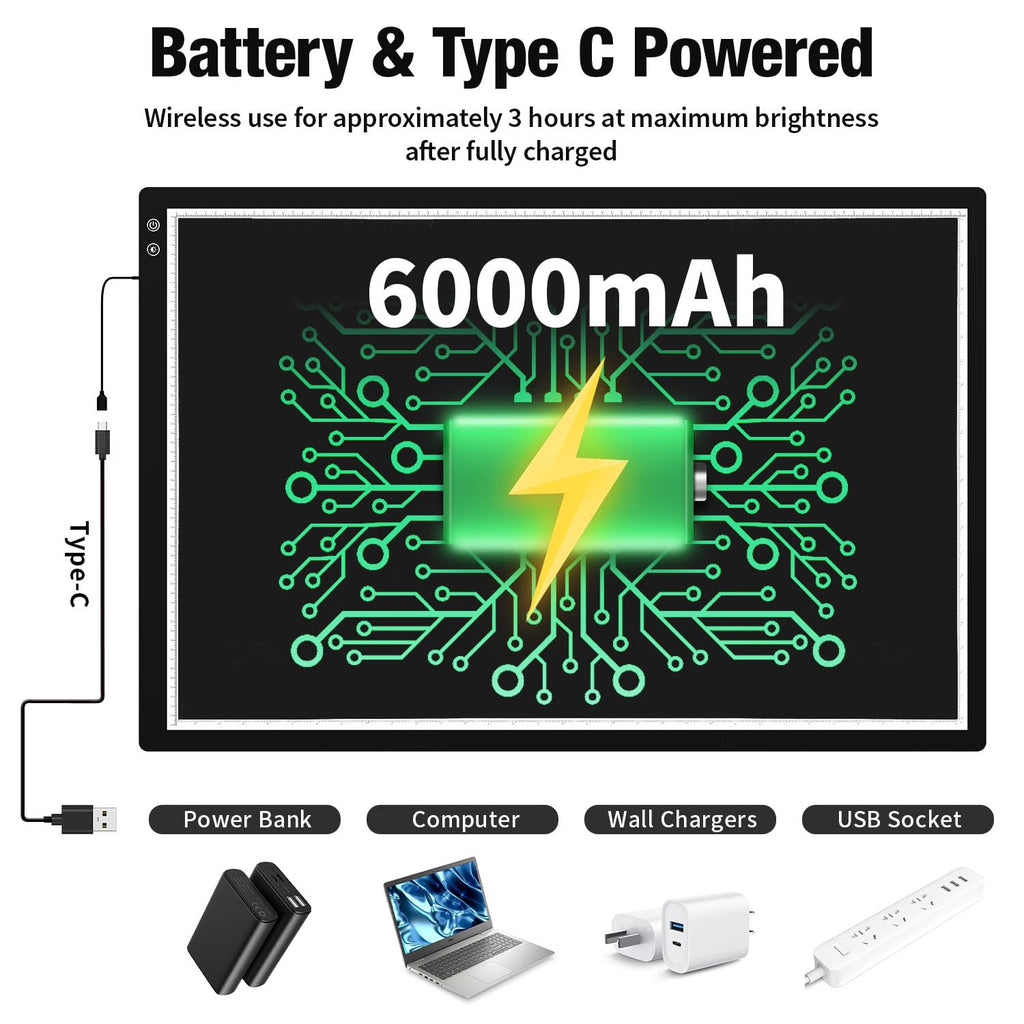Zocelight A1(35.4''x 23.6'') Large Rechargeable Light Pad for Diamond Painting,6 Levels & Stepless Dimming Light Box for Tracing,3-Color Modes Light Board,Built-in 6000mAh Battery Light Table for Art