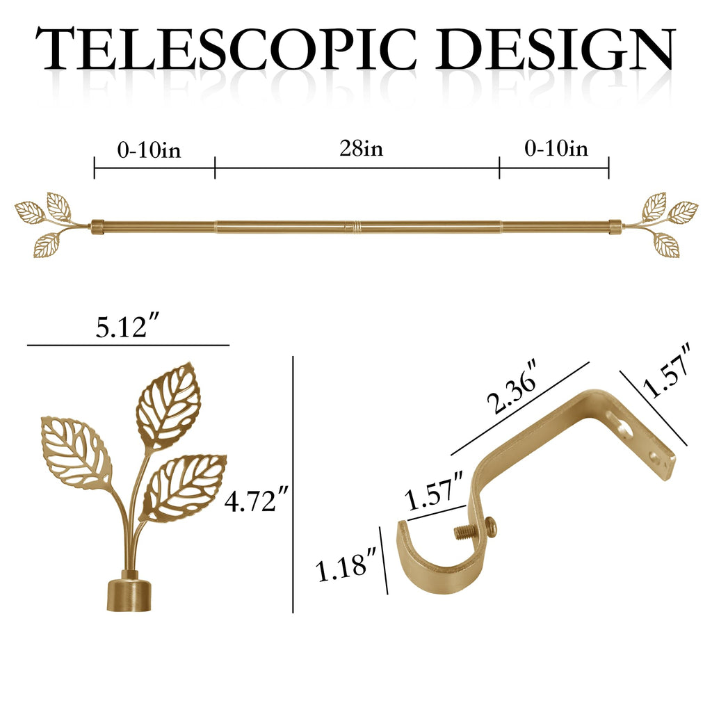RYB HOME Small Curtain Rod 28 to 48 Inch Adjustable Telescoping Blackout Decorative Drape Rod with Leaf Finial for Cafe Kitchen Kids Bedroom Bathroom Shower Living, Antique Brass, 1 Inch Diameter