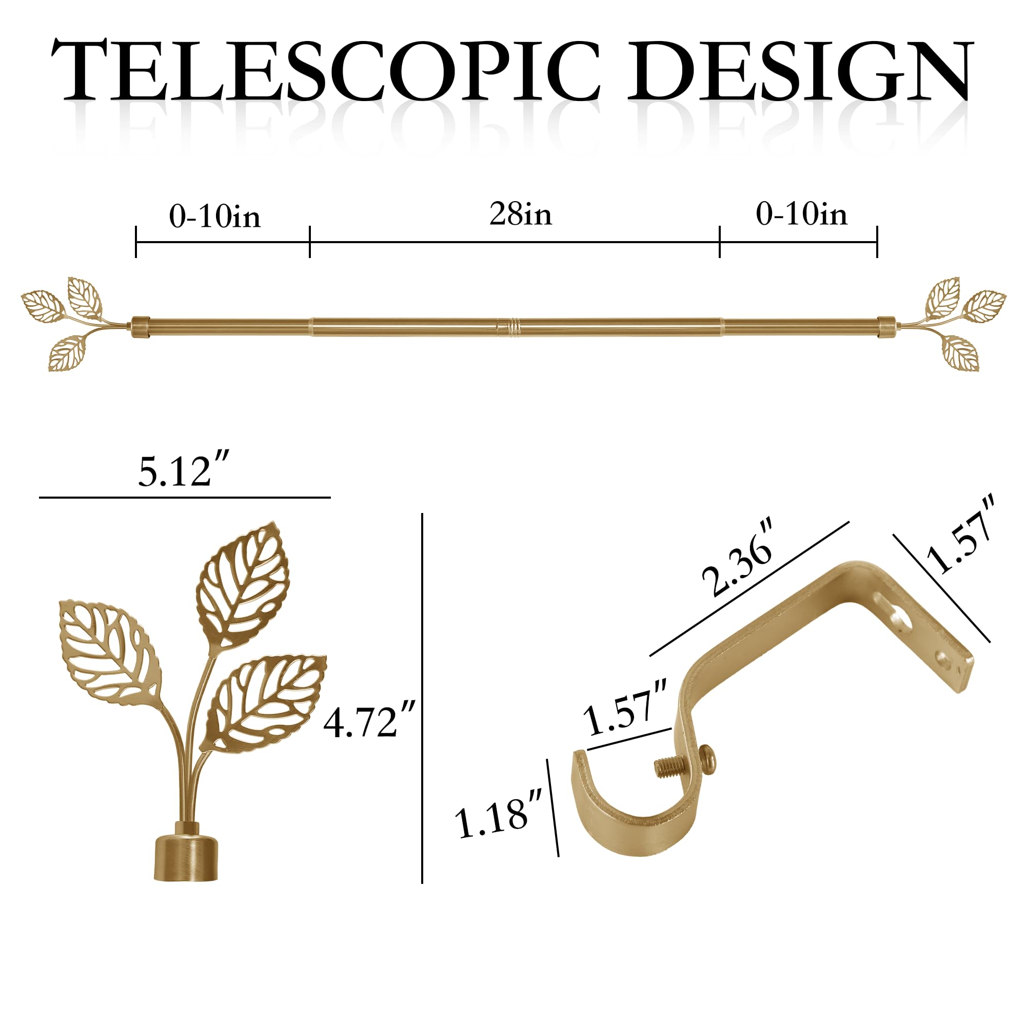 RYB HOME Small Curtain Rod 28 to 48 Inch Adjustable Telescoping Blackout Decorative Drape Rod with Leaf Finial for Cafe Kitchen Kids Bedroom Bathroom Shower Living, Antique Brass, 1 Inch Diameter