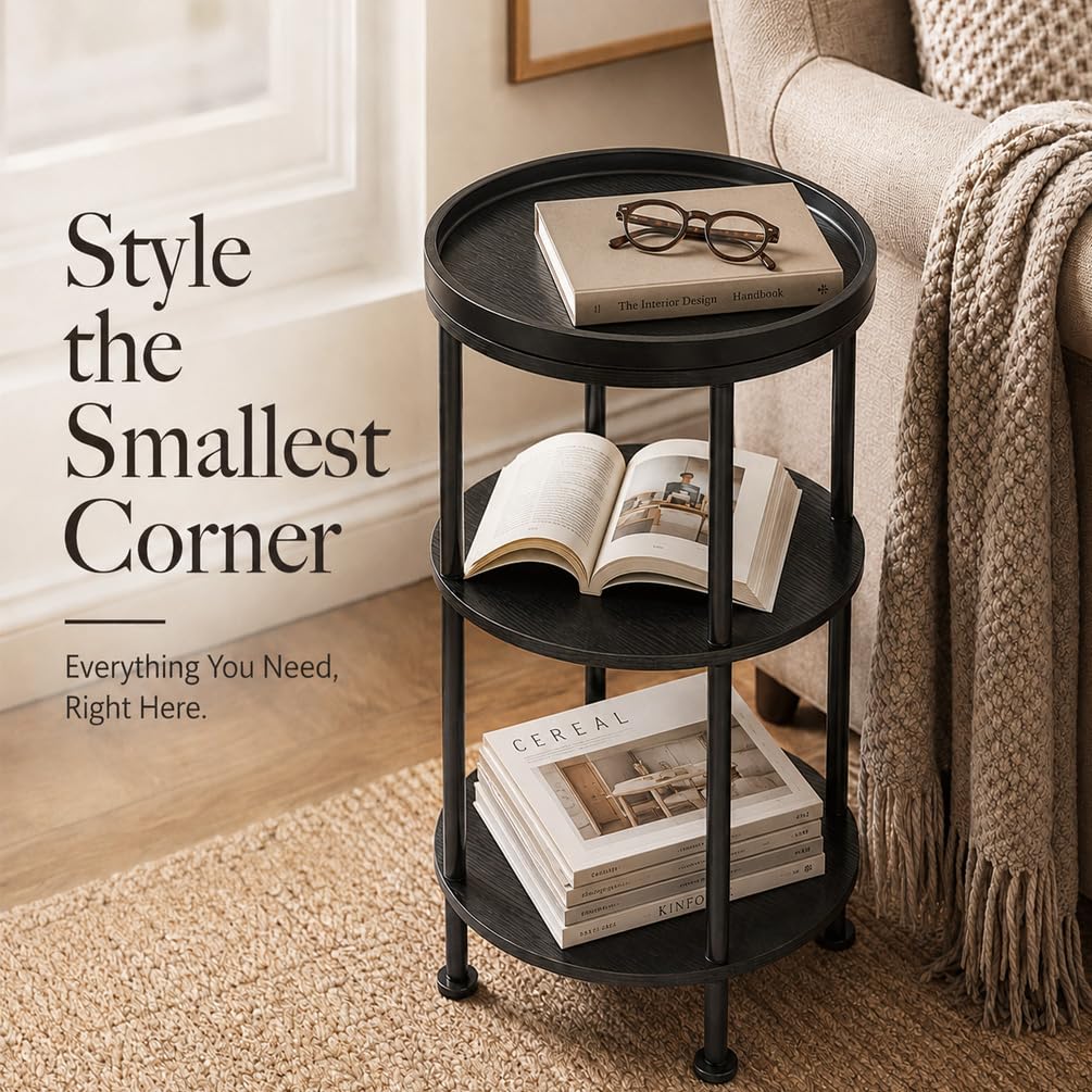 Small Round Side Table with Charging Station for Small Spaces, 3-Tier Accent Table with USB Ports & Power Outlets, Sofa Corner Tea Table for Living Room Nightstand Bedroom Apartment (Black)