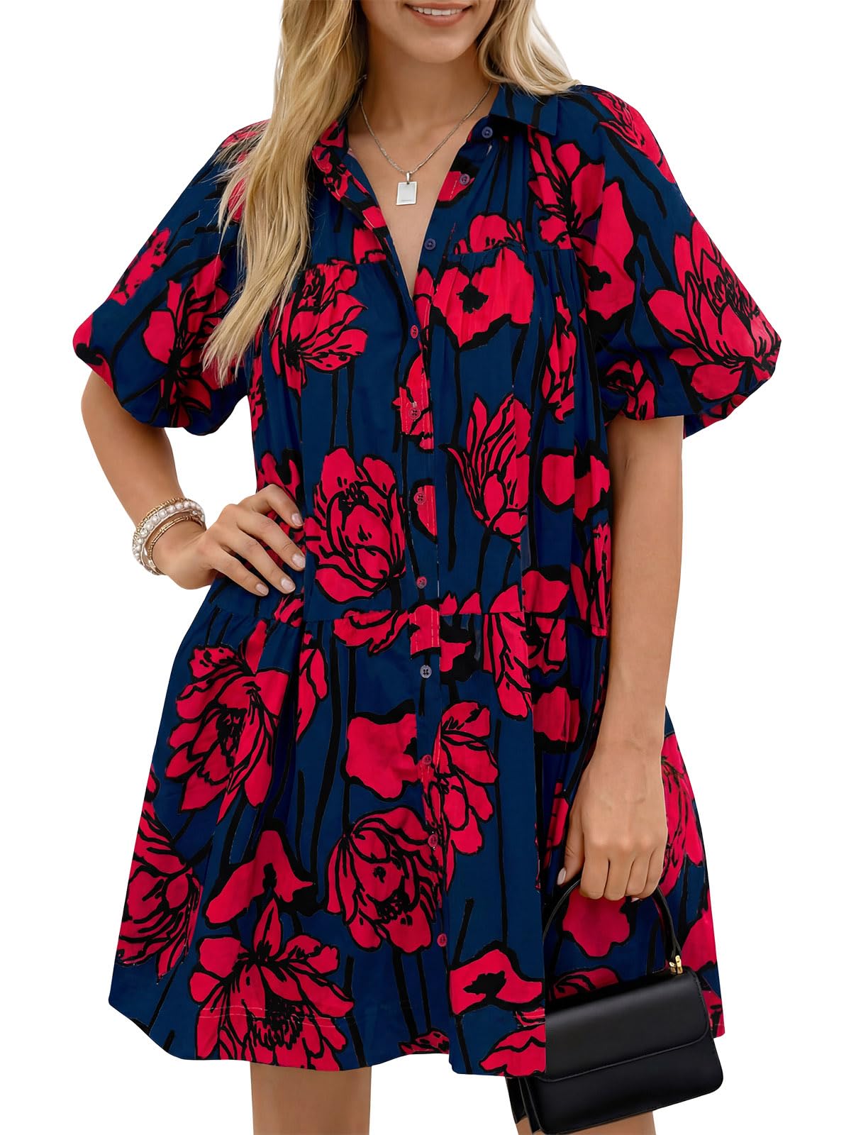 Wenrine Women's Summer Button Down Shirt Dress Floral Puff Short Sleeve Casual Loose Fit Beach Mini Dresses