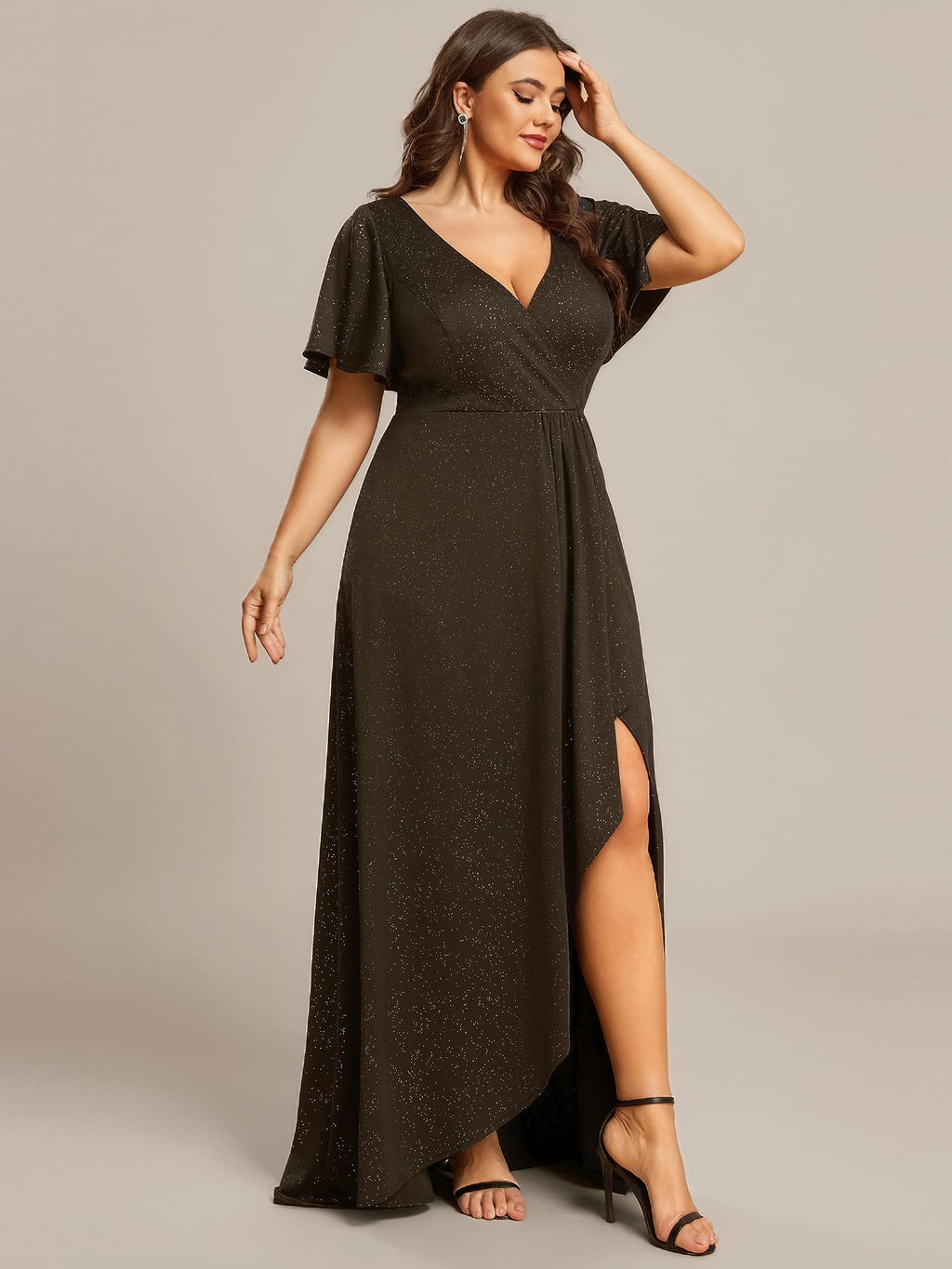 Ever-Pretty Glitter Formal Dresses for Cuvvy Women Plus Size A-line High Low Wedding Guest Gala Dress with Ruffles Sleeves