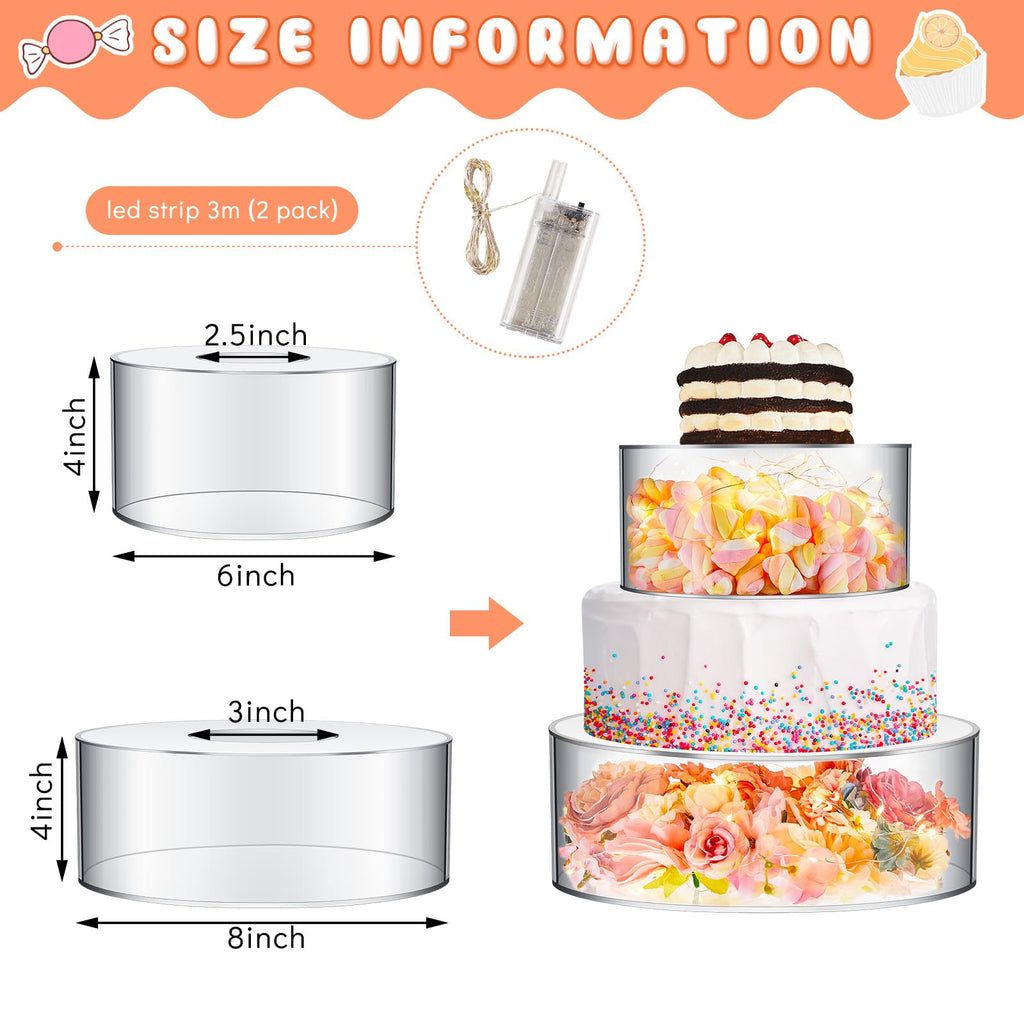 Sunnyray 2 Pcs Acrylic Cake Stands for Dessert Table Clear Fillable Cake Riser Cupcake Tier with LED Strings for Birthday Wedding Holiday Party Display(6'', 8'')