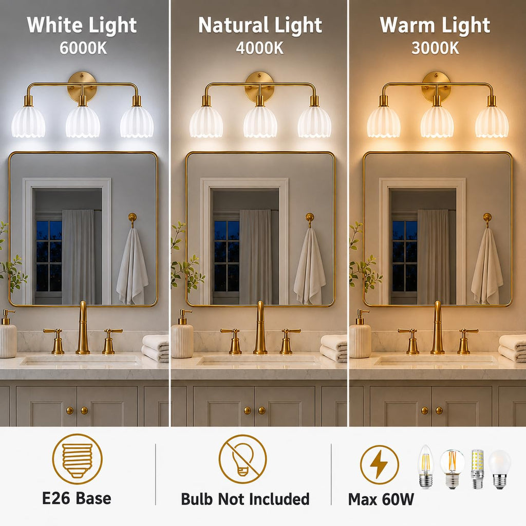 1-Light Gold Brass Bathroom Light Fixture,Wall Sconces set of 2,Brushed Gold Vanlity Light Over Mirror,Bathroom Vanity Light with White Tulip Glass Flower Shade,E26 Socket(Bulbs Not Included)