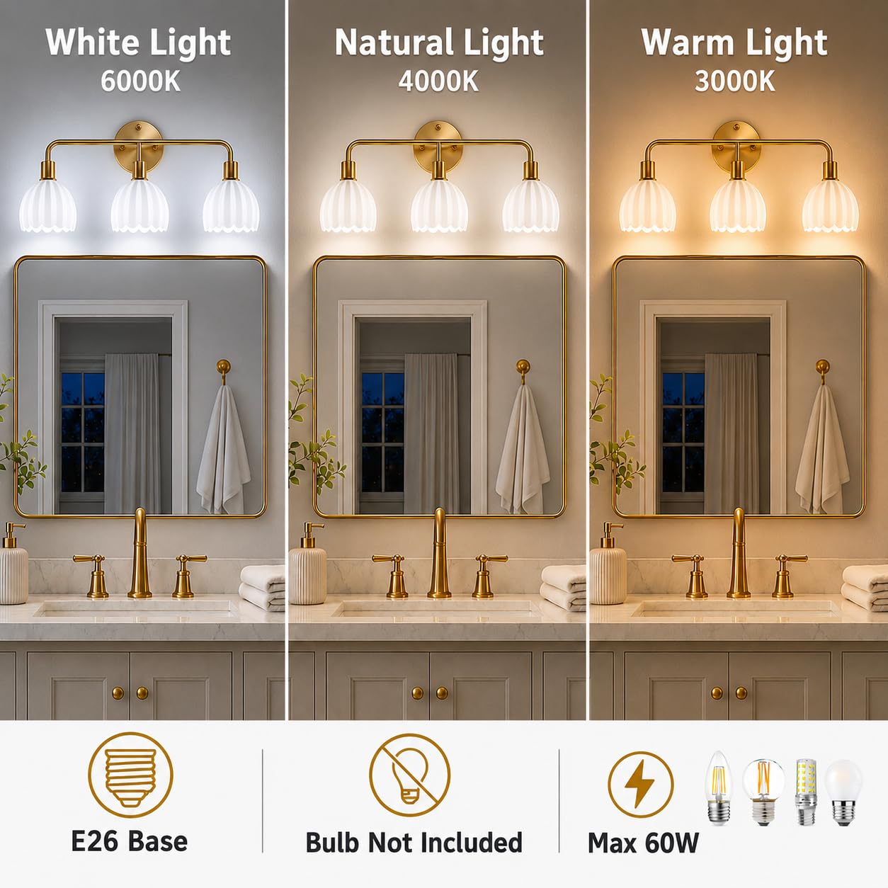 1-Light Gold Brass Bathroom Light Fixture,Wall Sconces set of 2,Brushed Gold Vanlity Light Over Mirror,Bathroom Vanity Light with White Tulip Glass Flower Shade,E26 Socket(Bulbs Not Included)