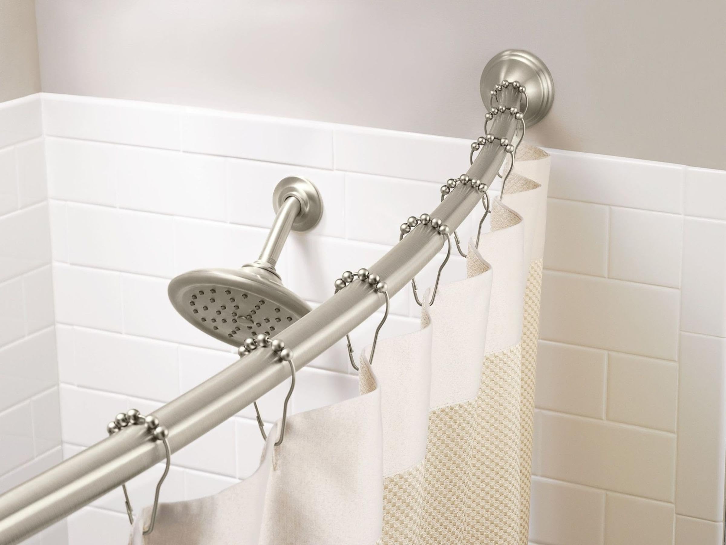 Moen Brushed Gold 54 to 72-Inch Adjustable Single Curved Shower Rod, Wall Mounted Permanent Curtain Bar for Bathroom, CSR2160BG