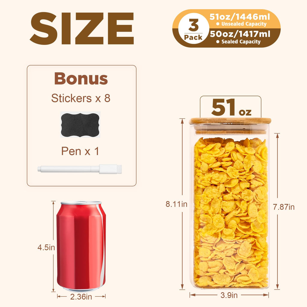 SHOWIN 73oz Glass Pasta Storage Jars, Tall Glass Jars with Bamboo Lids, Spaghetti Container, Set of 3, Kitchen Storage Containers for Pasta, Pantry Organizers