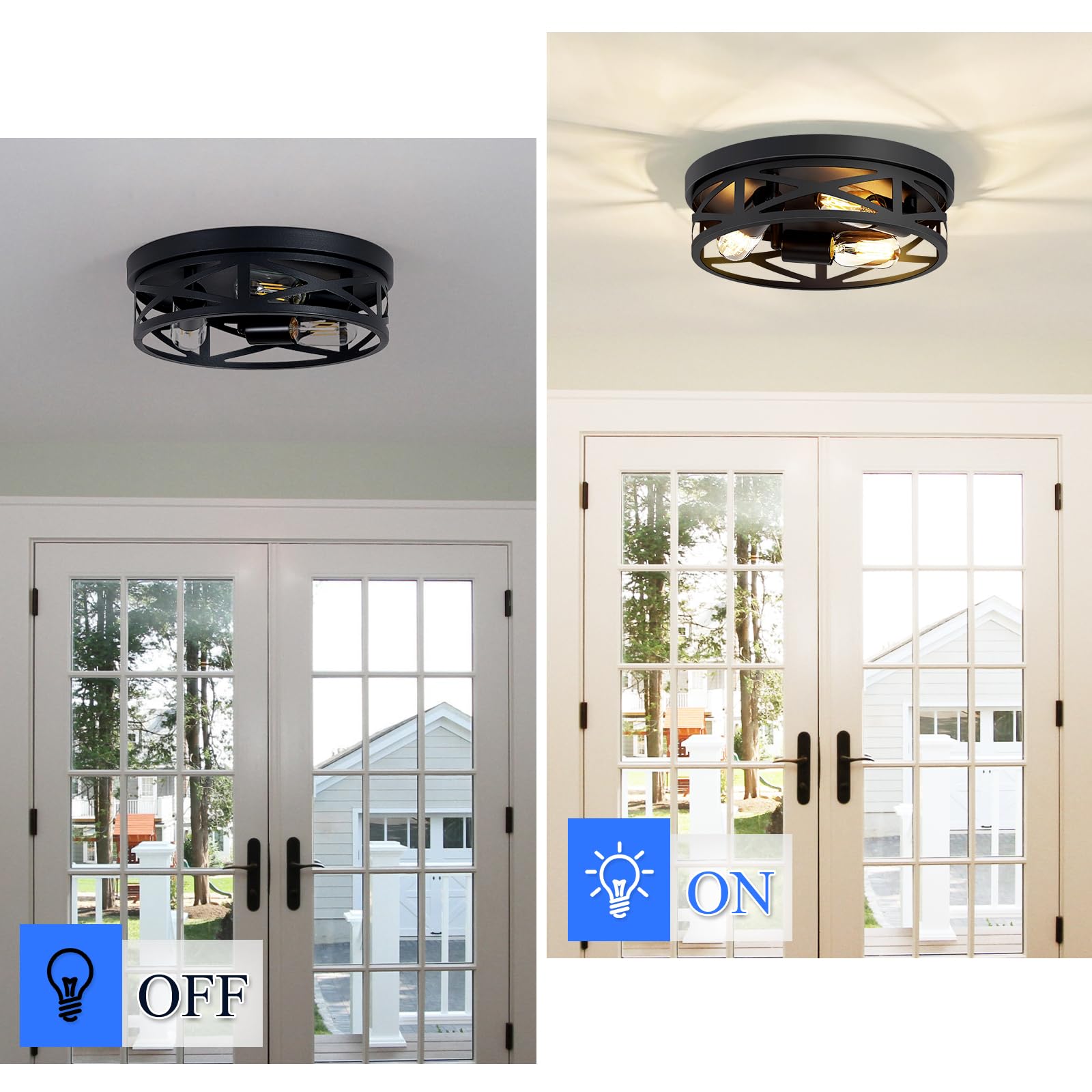 SKEJAO Flush Mount Ceiling Light Fixture,Black 2-Light Hallway Light Fixtures Ceiling,Light Fixtures Ceiling Mount for Farmhouse,Kitchen,Hall,Bedroom,Bathroom (2 Pack)