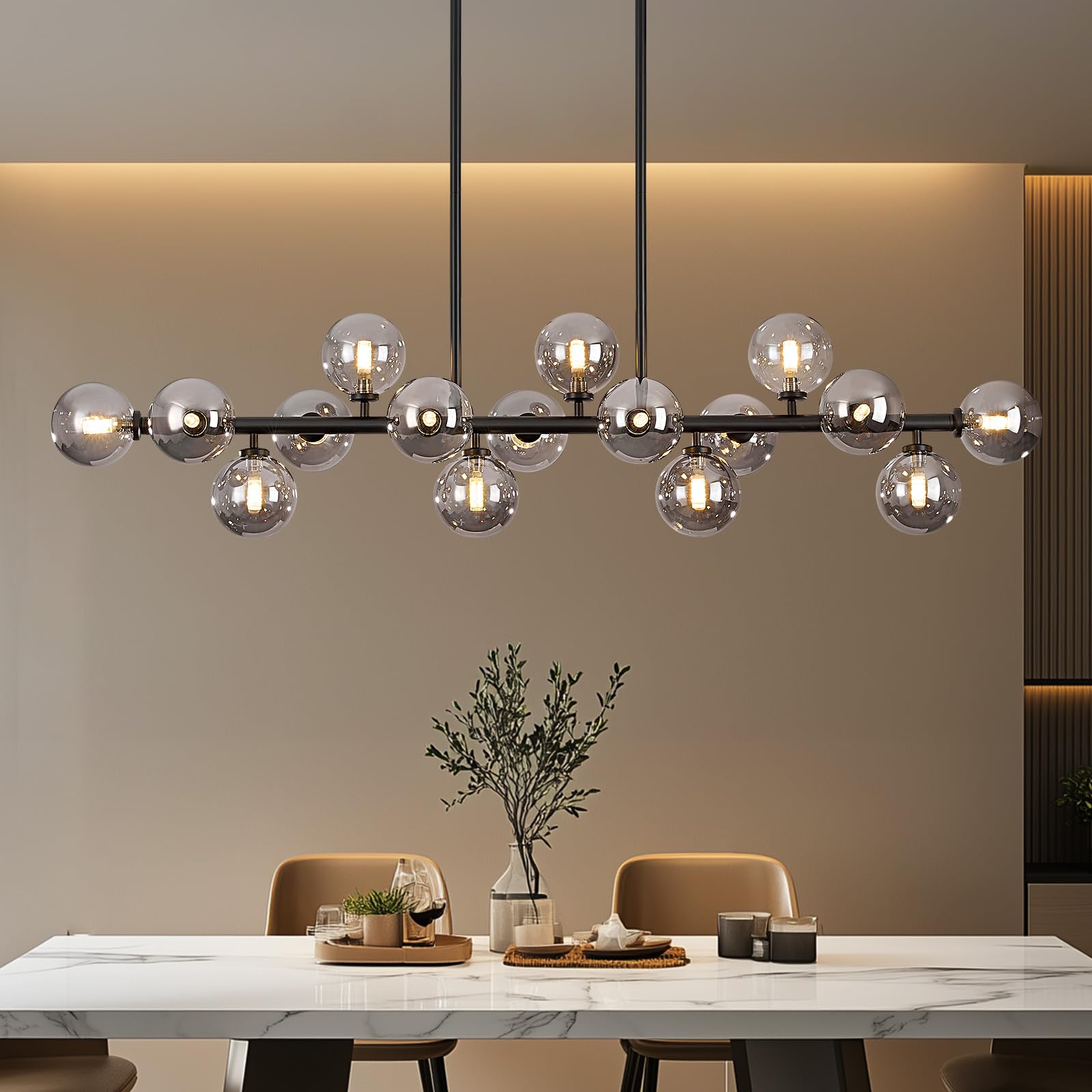 Modern Linear Chandeliers for Dining Room, 8-Light Globe Sputnik Pendant Ceiling Light, Black Dining Room Light Fixture Over Table, Mid Century Glass Milk White Bubble, 31.5 Inch, GC-09