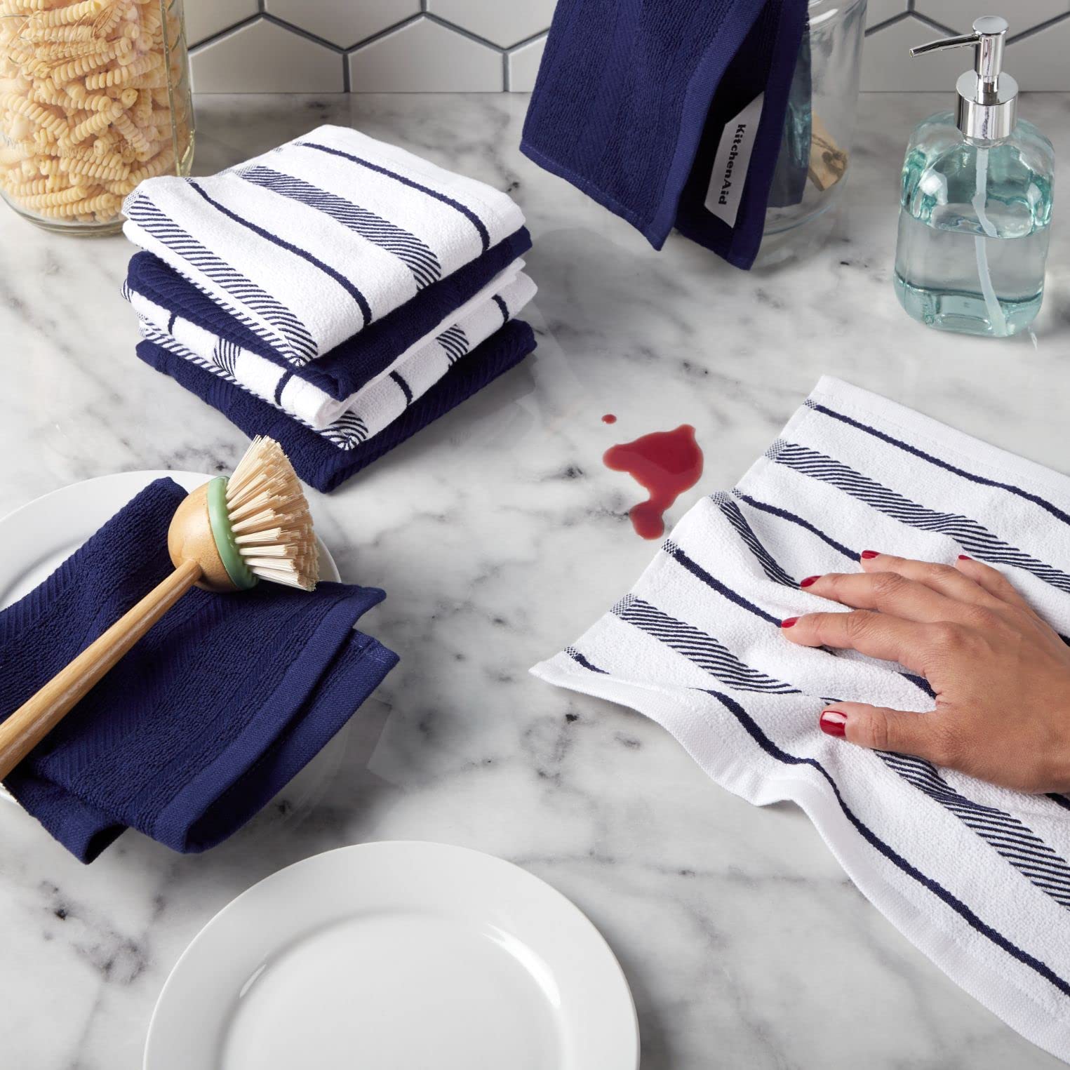 KitchenAid Albany Dishcloth 8 Pack Set, Aqua Sky/White, 12"x12"
