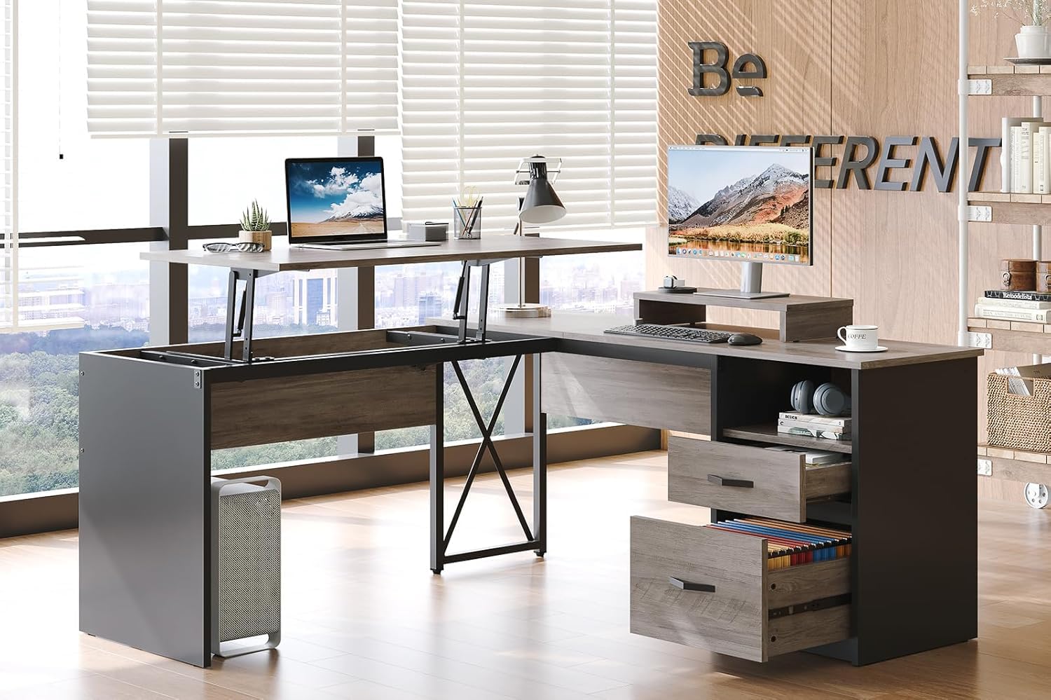 Bestier L Shaped Standing Desk with Lift Top, 55"x55" Standing Corner Desk for Home Office, Computer Desk with Reversible File Drawer and Monitor Stand, Grey Wash