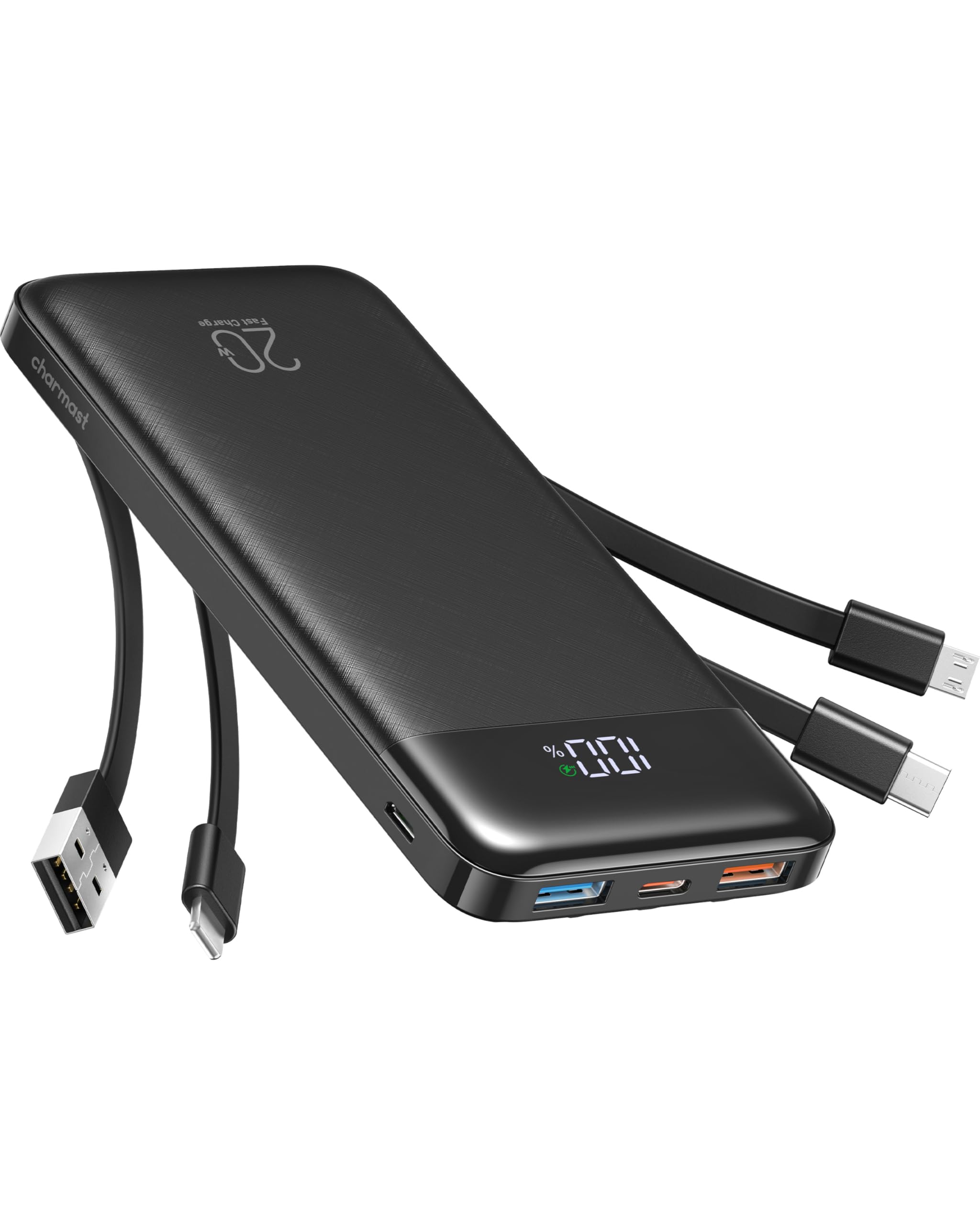 charmast 20000mAh Portable Charger with Built in Cables, 22.5W Travel Power Bank Fast Charging, USB C Cell Phone Battery Pack for iPhone 17/16/15/14/13/12 Series, iPad, Samsung, Android, Tablet