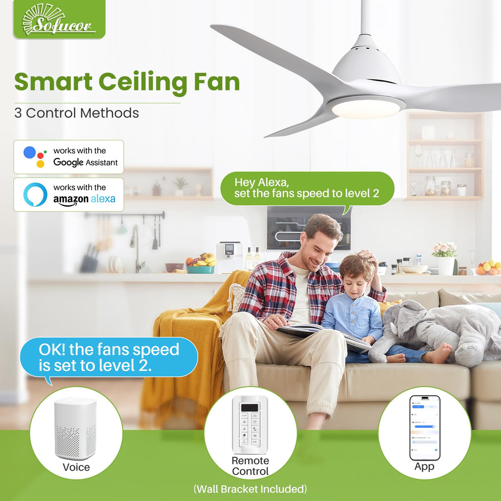 Sofucor 52 Inch Outdoor Ceiling Fans with Lights, Modern Ceiling Fan with 3 Plastic Blade, Quiet, Dimmable, High 7000CFM 6-Speed 3-Timer Reversible DC Motor, for Bedroom Living Room, ETL, Black